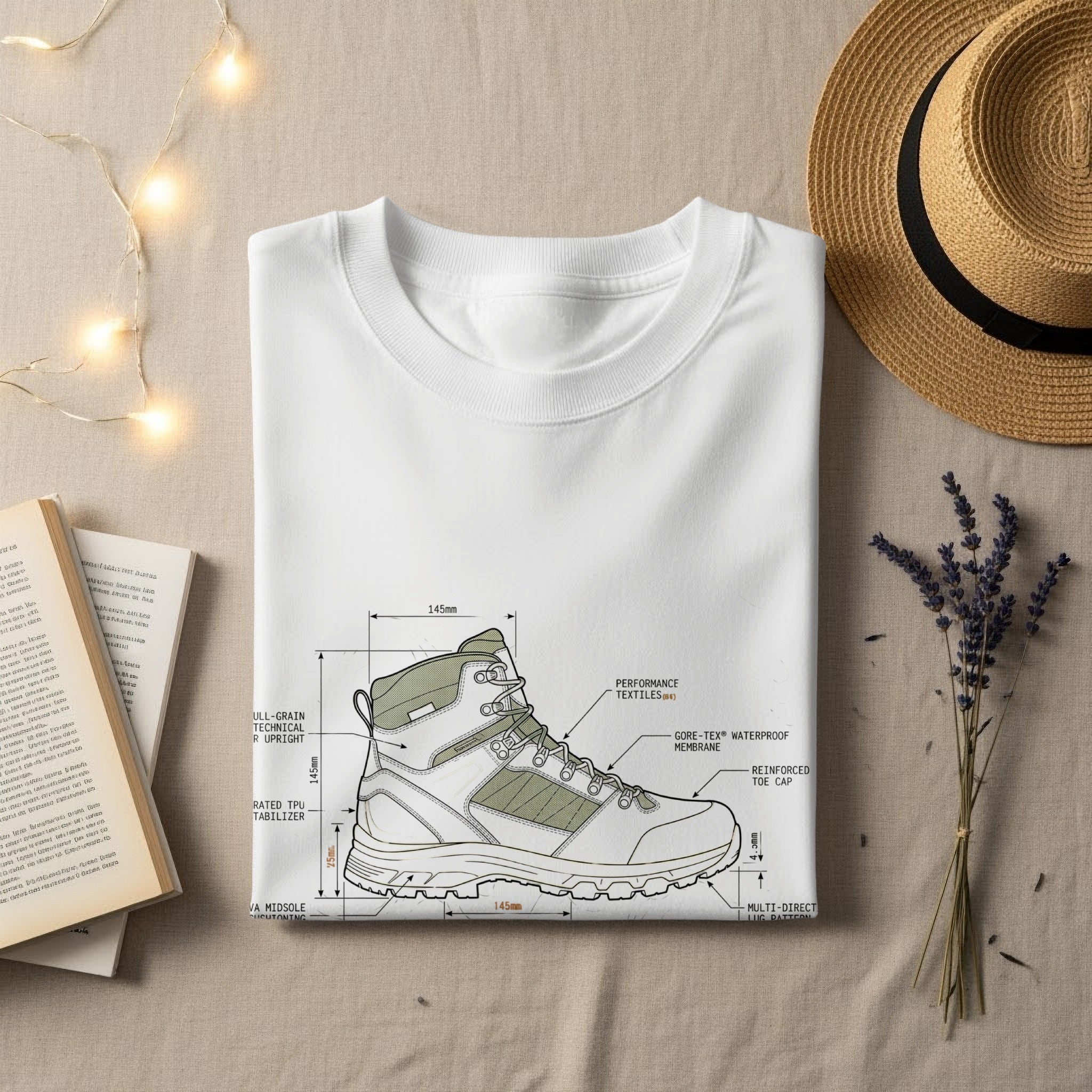 T-shirt featuring a diagram of a hiking boot with callouts.