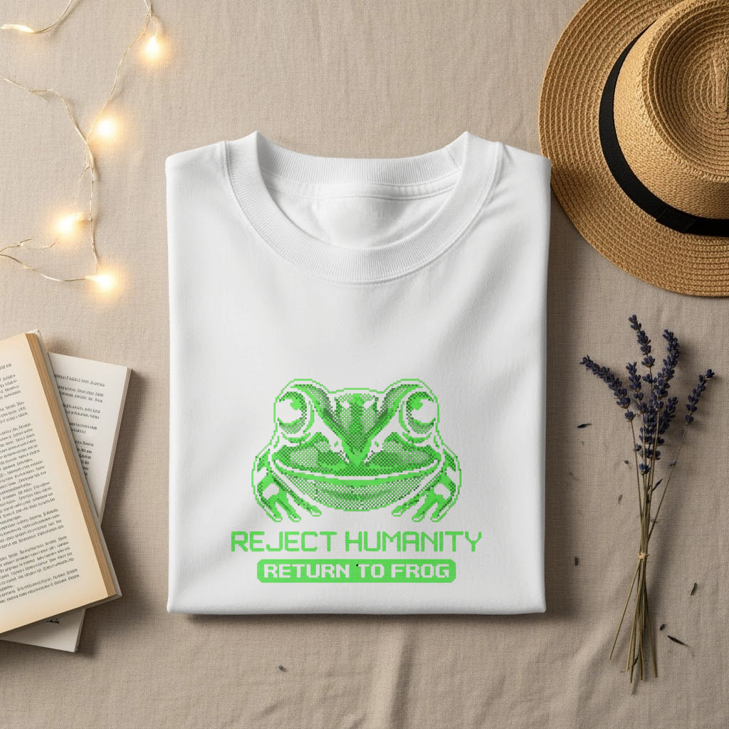 White t-shirt with green pixelated frog graphic and text "Reject Humanity Return to Frog".