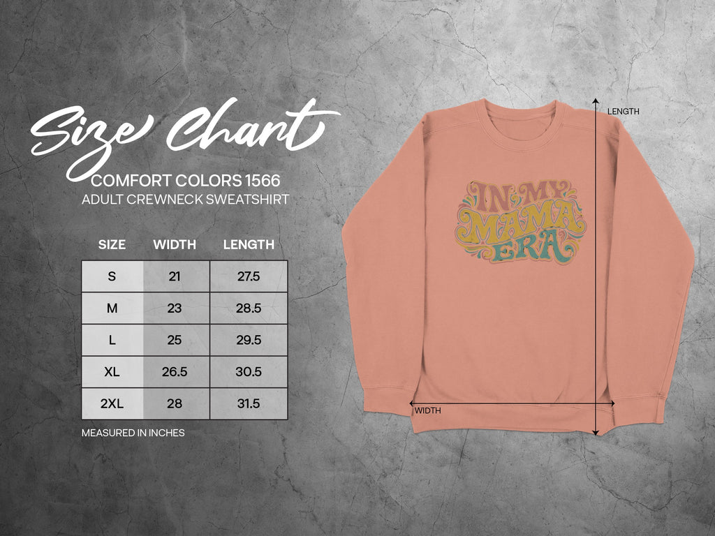 Comfort Colors 1566 sweatshirt size chart with measurements in inches.