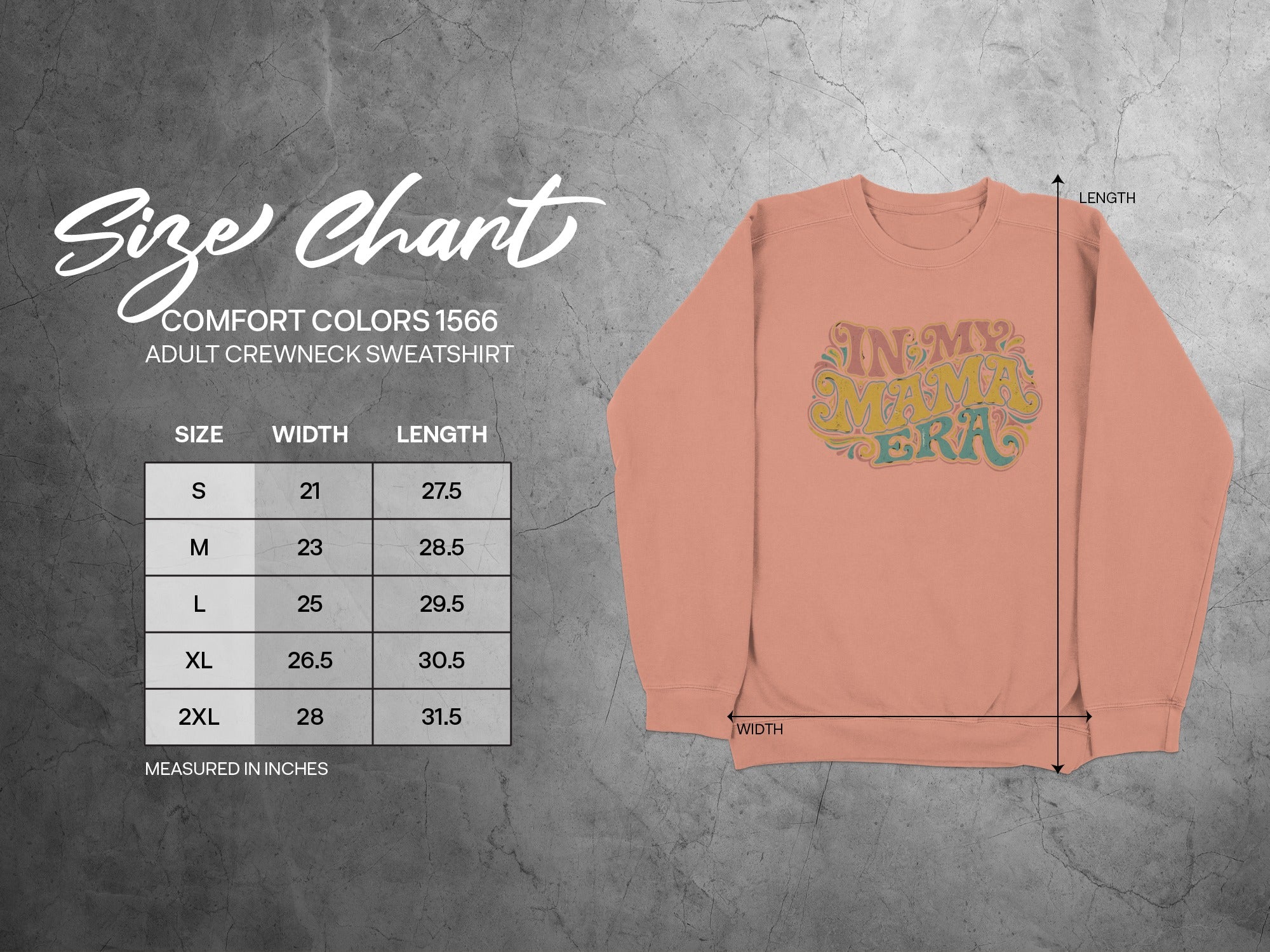 Comfort Colors 1566 sweatshirt size chart with measurements in inches.