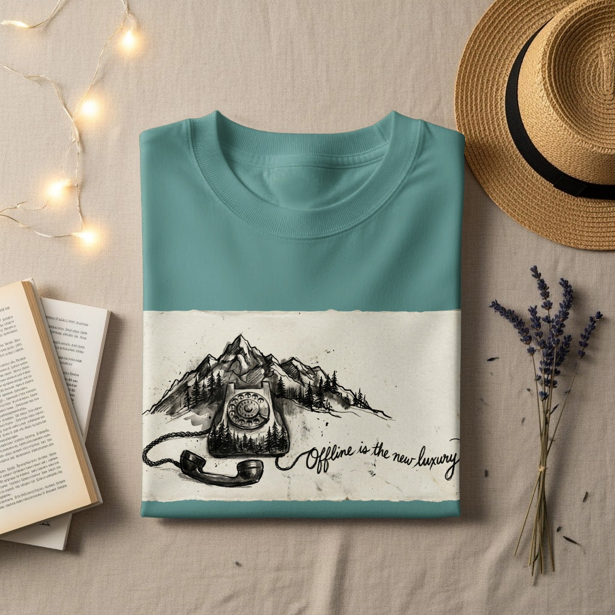 Teal t-shirt with "Offline is the new luxury" text and mountain drawing.