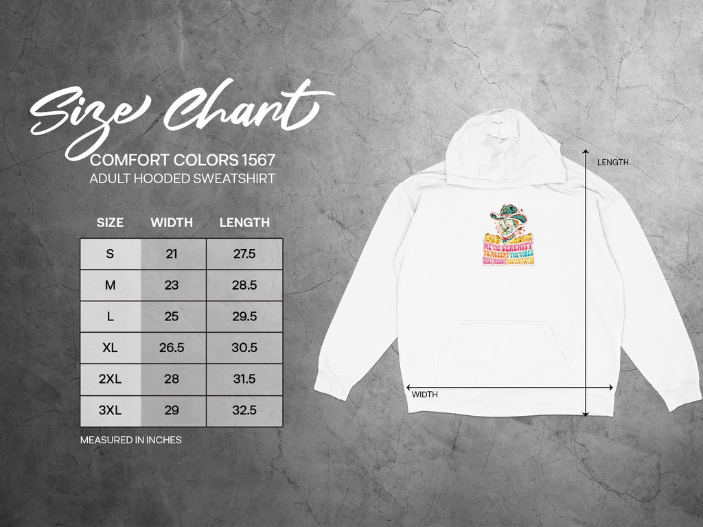 Size chart for Comfort Colors 1567 adult hooded sweatshirt with measurements.