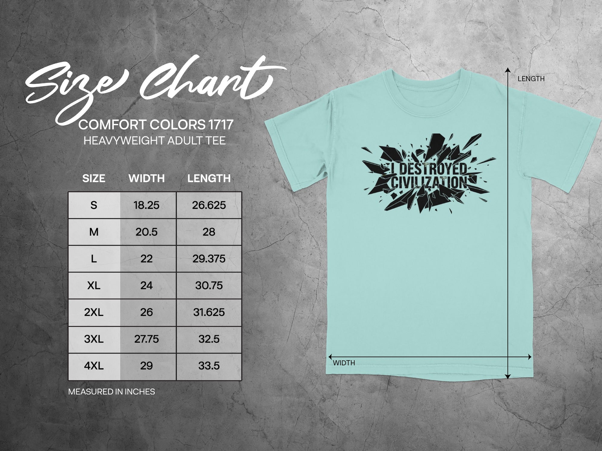 Comfort Colors 1717 heavyweight adult tee size chart with width and length measurements.