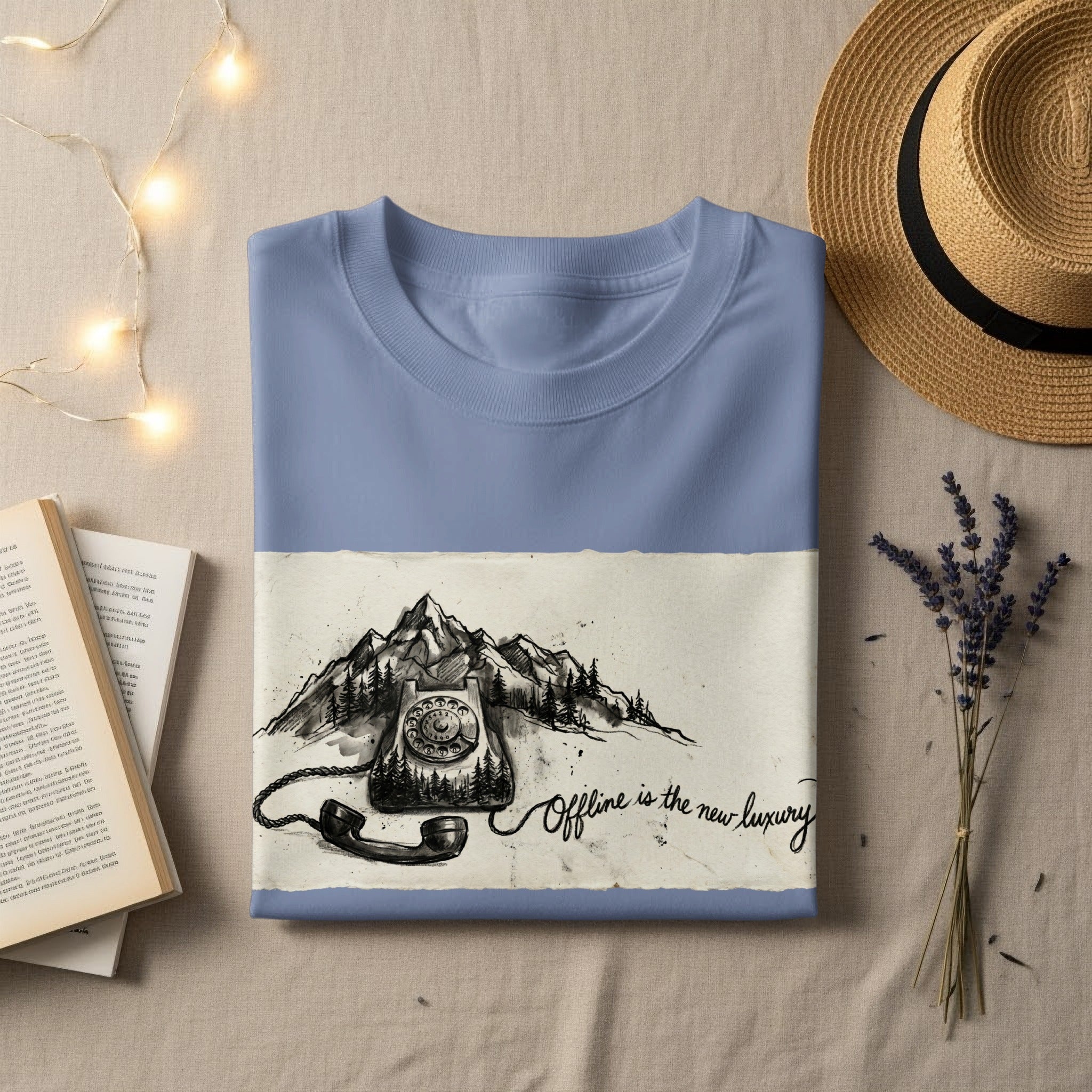 Crew neck t-shirt with "Offline is the new luxury" mountain and phone graphic.