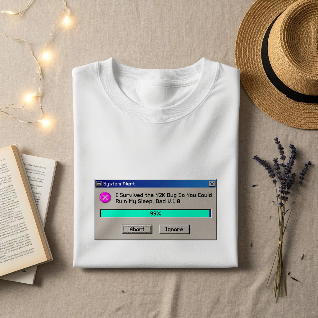White t-shirt with a "System Alert" graphic about the Y2K bug.
