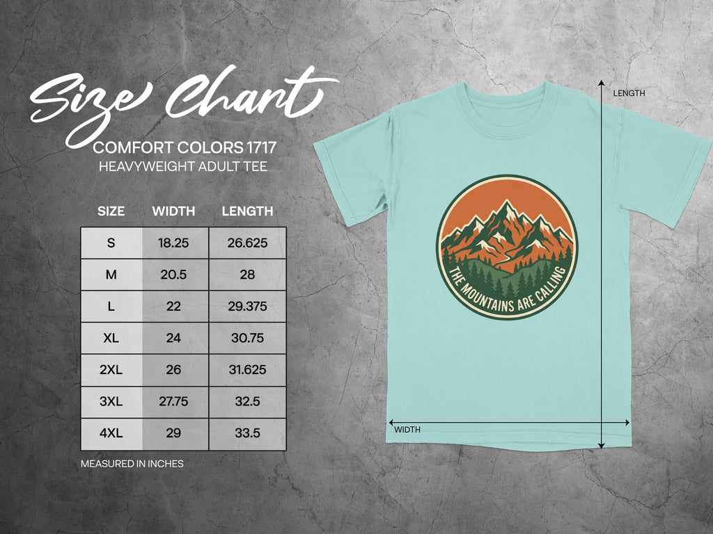 Comfort Colors 1717 heavyweight adult tee size chart with measurements and mountain graphic.