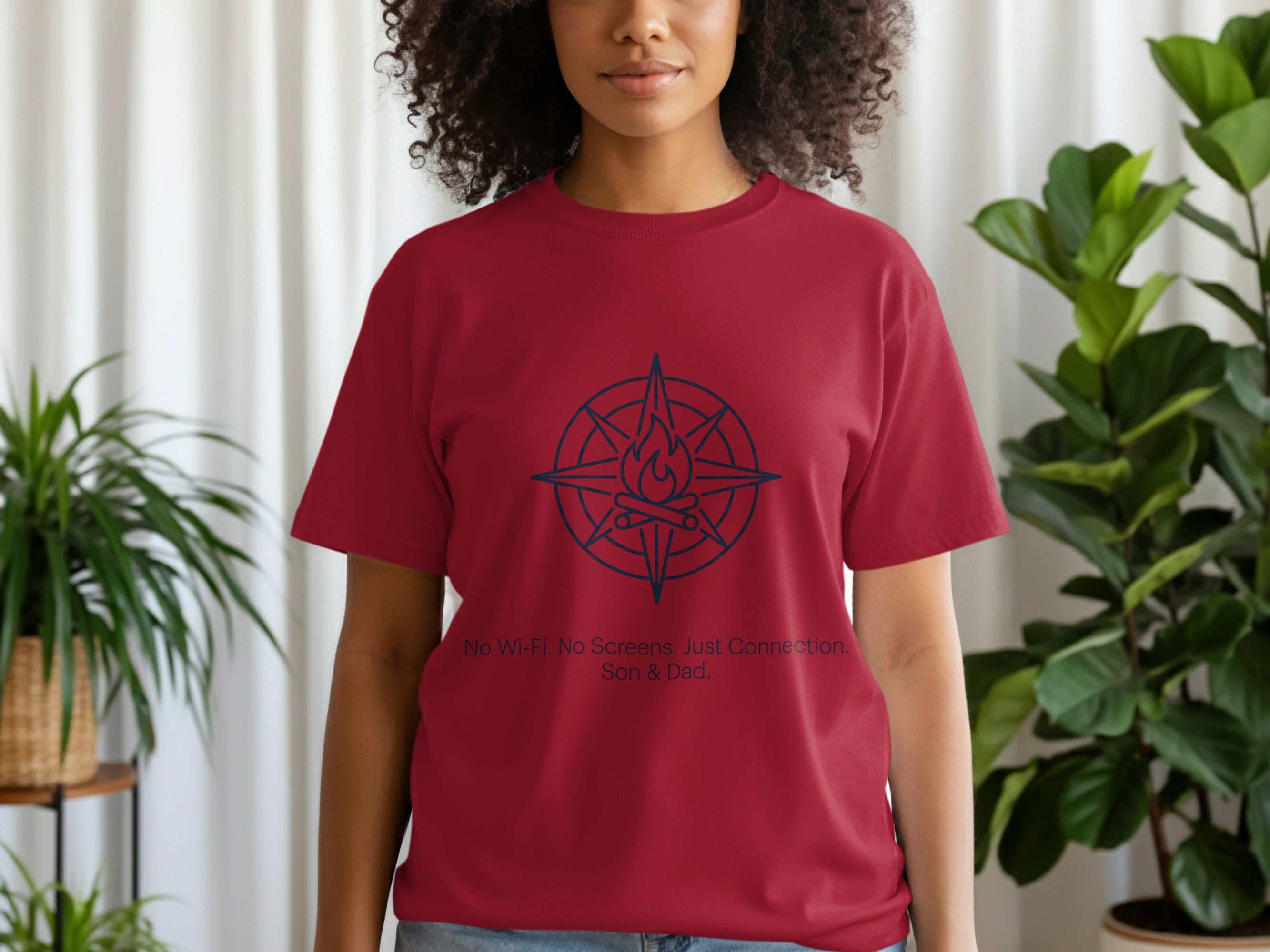 Maroon t-shirt with compass design and text "No Wi-Fi. No Screens. Just Connection. Son & Dad."