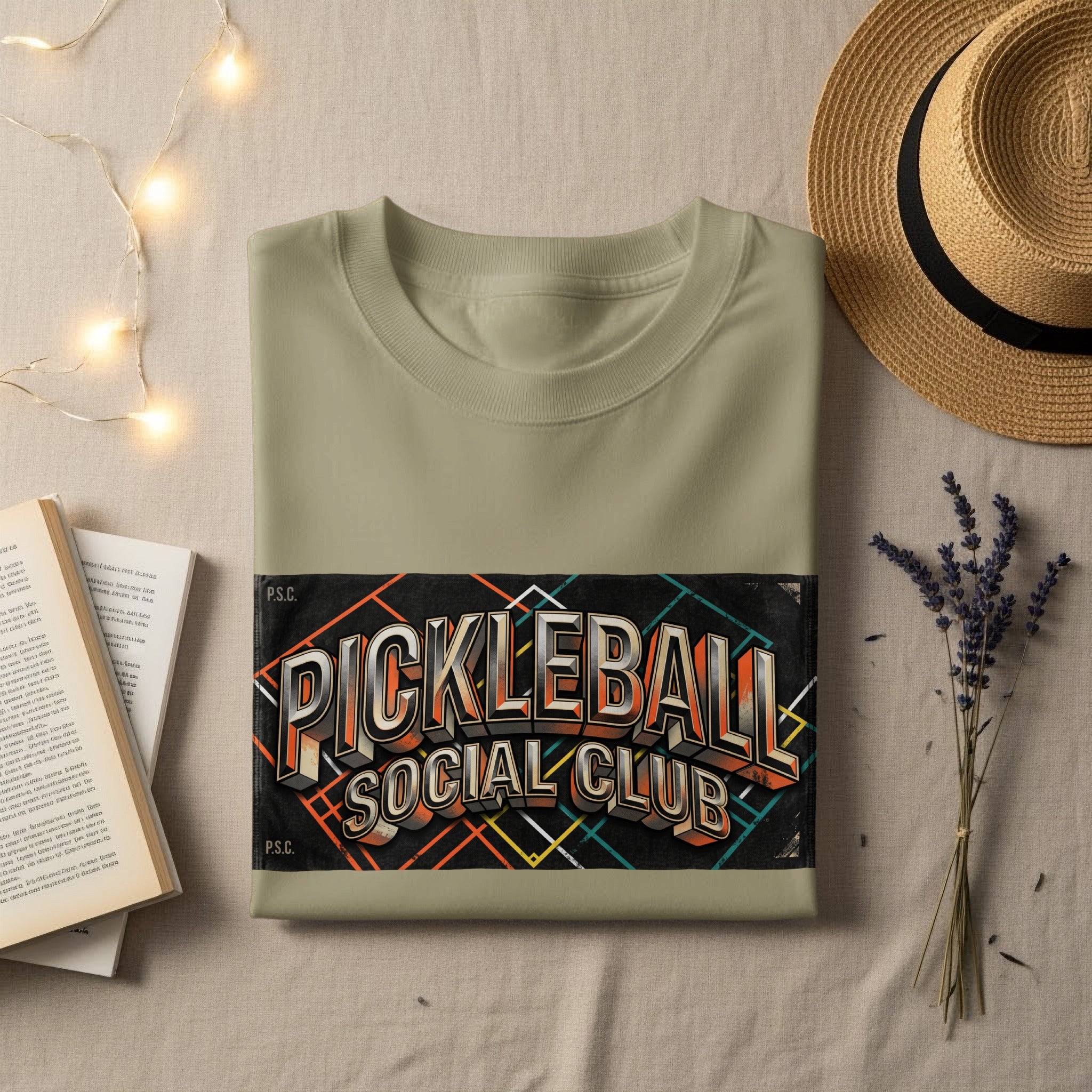 Light green t-shirt with "Pickleball Social Club" graphic.