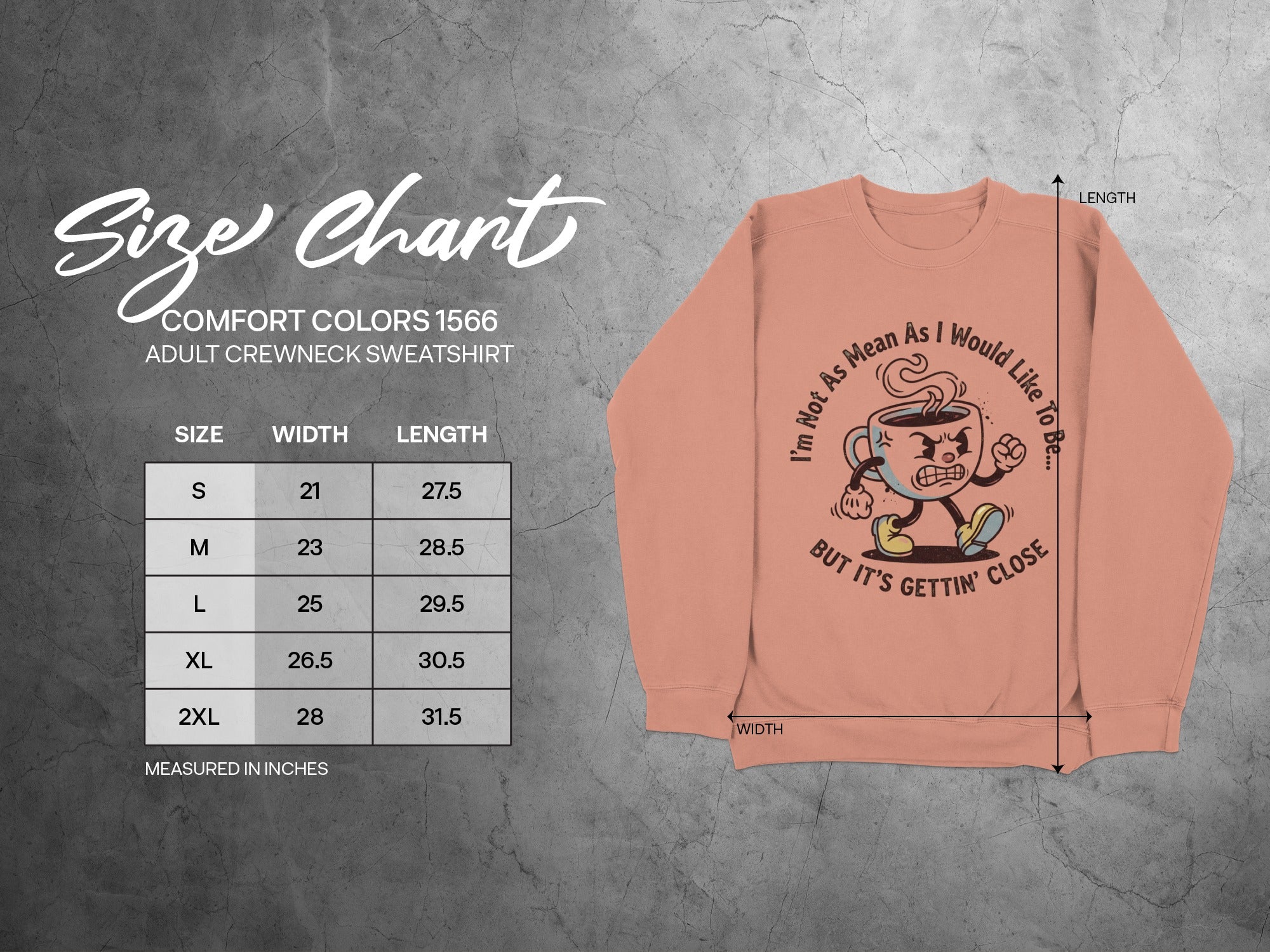 Crewneck sweatshirt size chart showing width and length measurements for sizes S through 2XL.