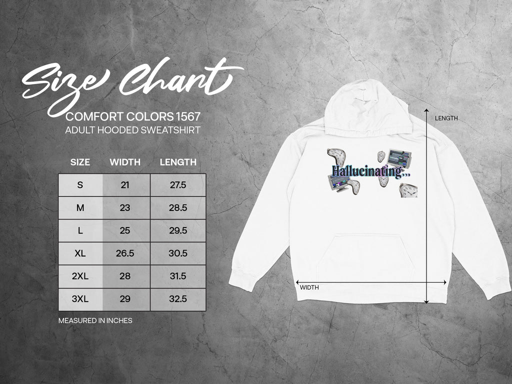 Comfort Colors 1567 adult hooded sweatshirt size chart with measurements.