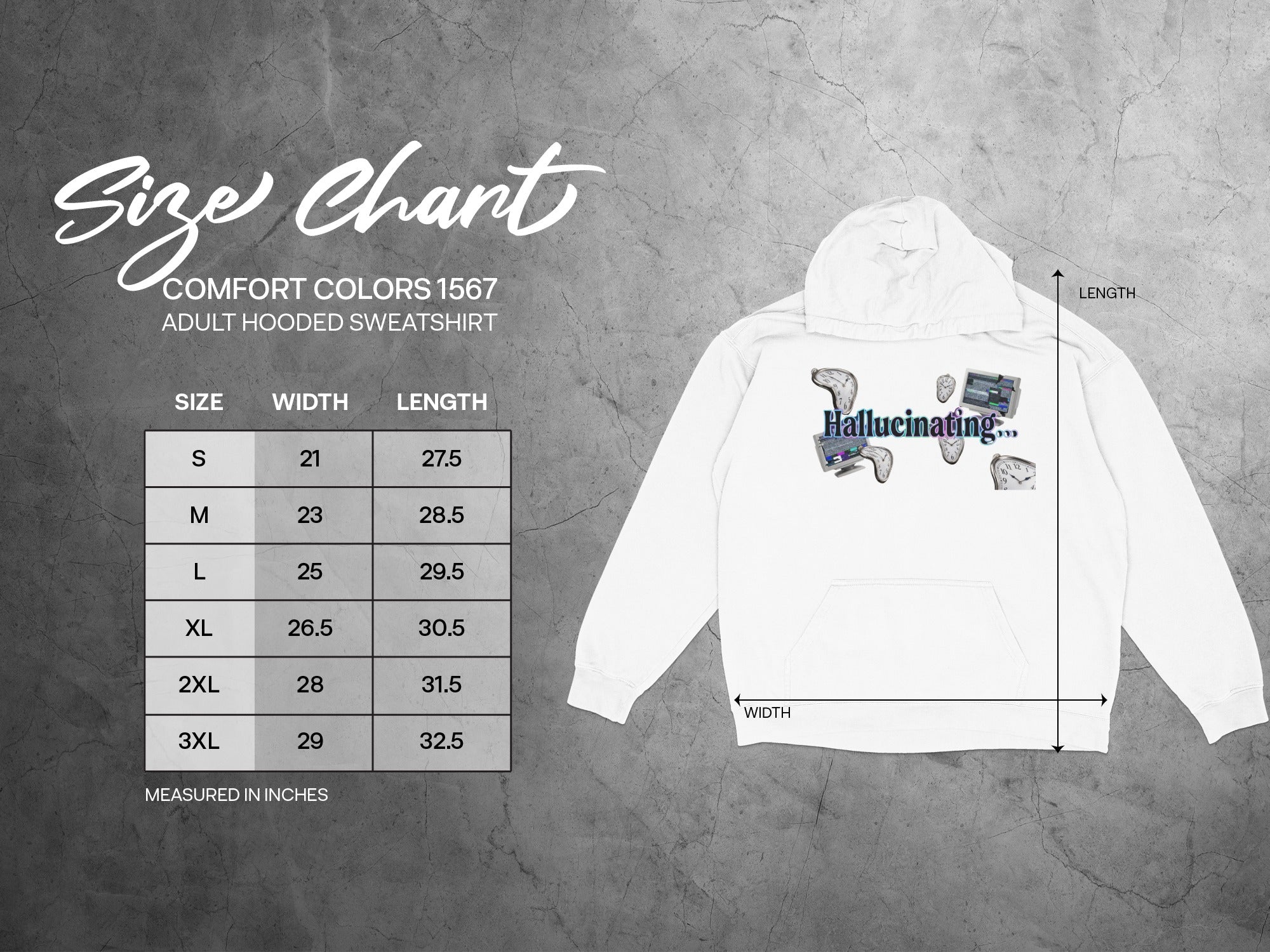 Comfort Colors 1567 adult hooded sweatshirt size chart with measurements.