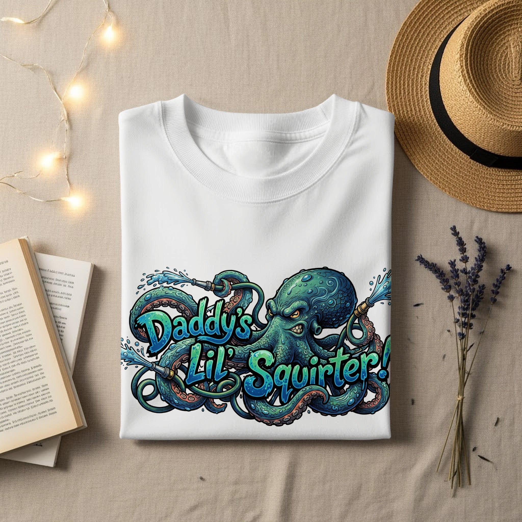 Octopus character on white sweatshirt with "Daddy's Lil' Squirt-er!" text.