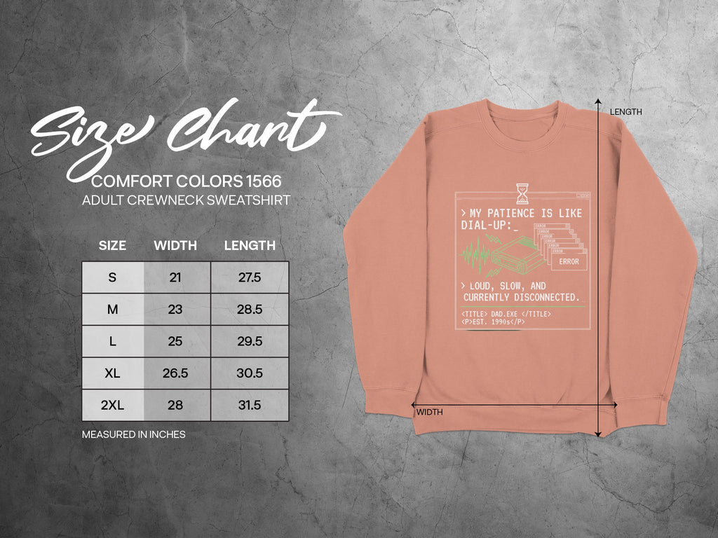 Size chart for Comfort Colors 1566 sweatshirt with "Dad.exe" graphic.