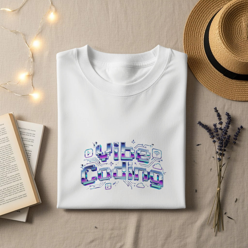 White t-shirt with "Vibe Coding" graphic and hat and lavender.