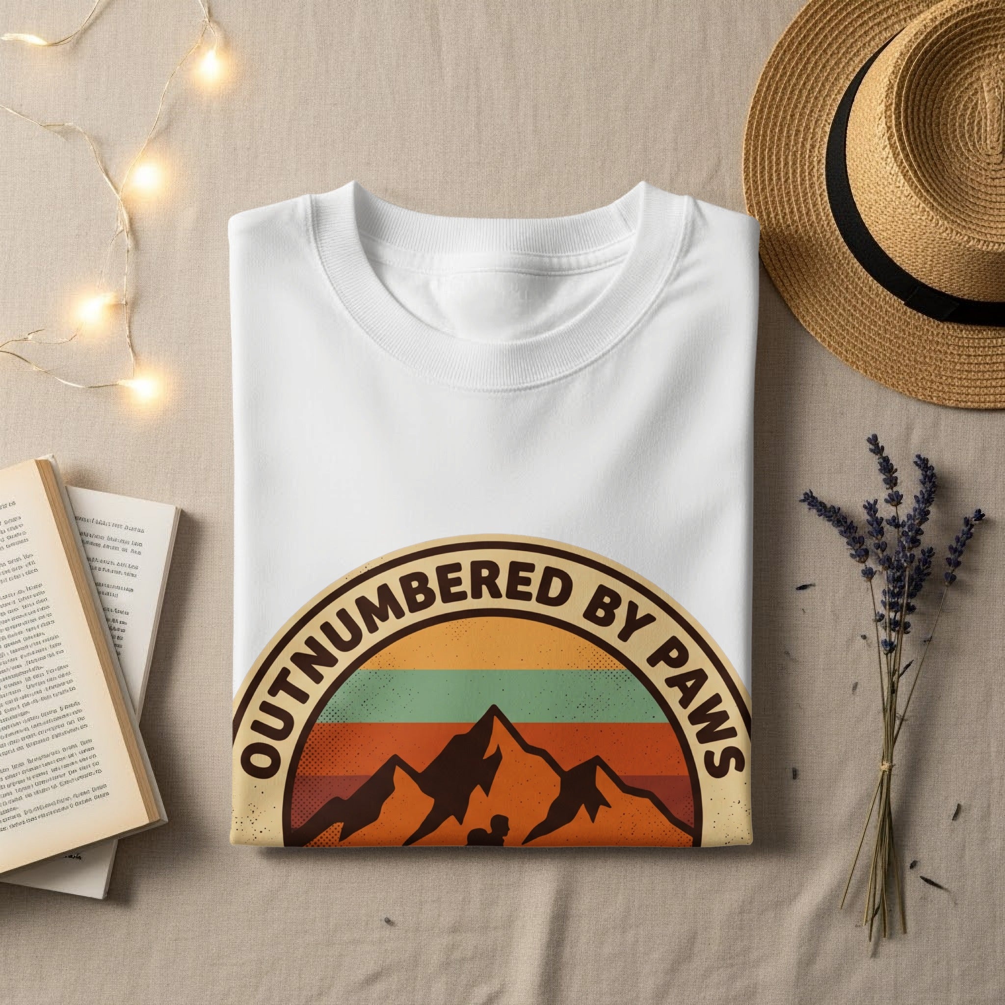 White t-shirt with "OUTNUMBERED BY PAWS" and mountain sunset graphic.