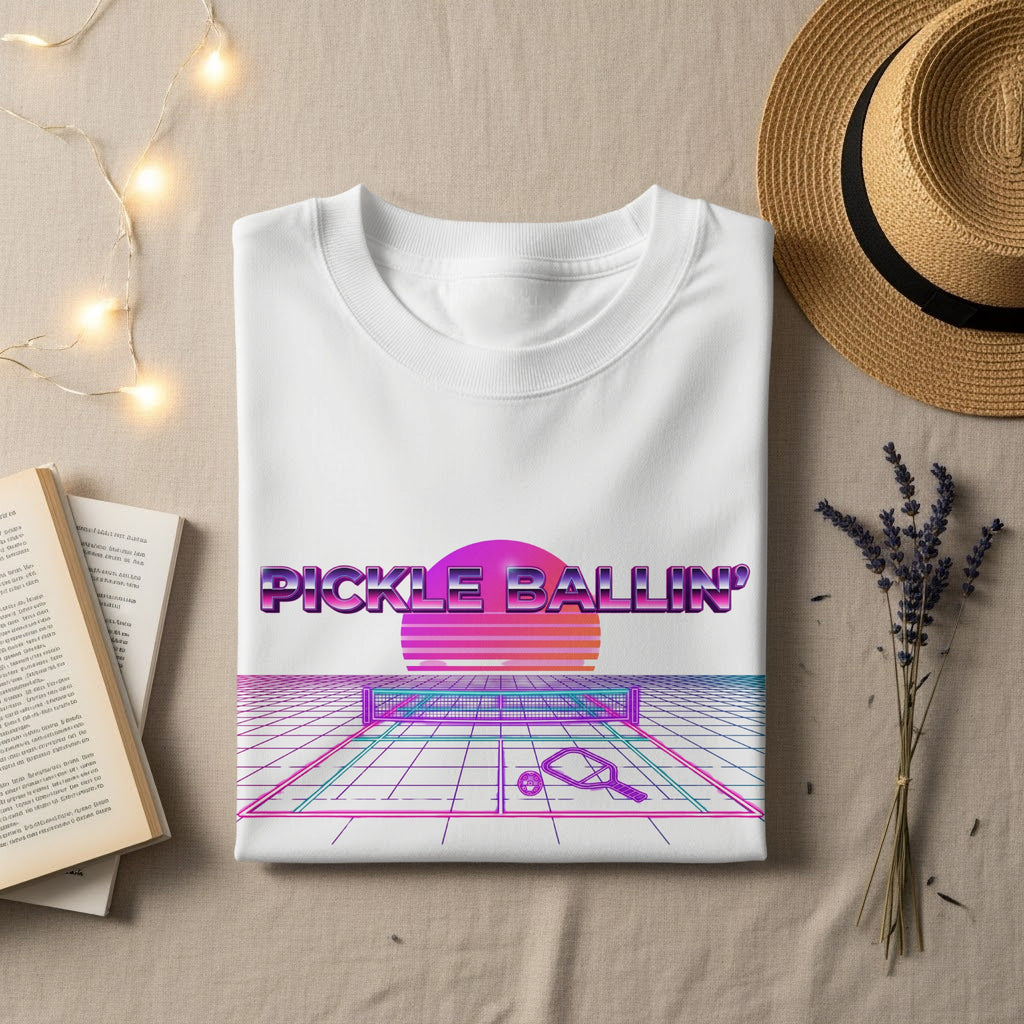 White t-shirt with "PICKLE BALLIN'" text and neon grid graphic.