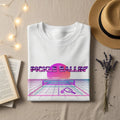 White t-shirt with "PICKLE BALLIN'" text and neon grid graphic.