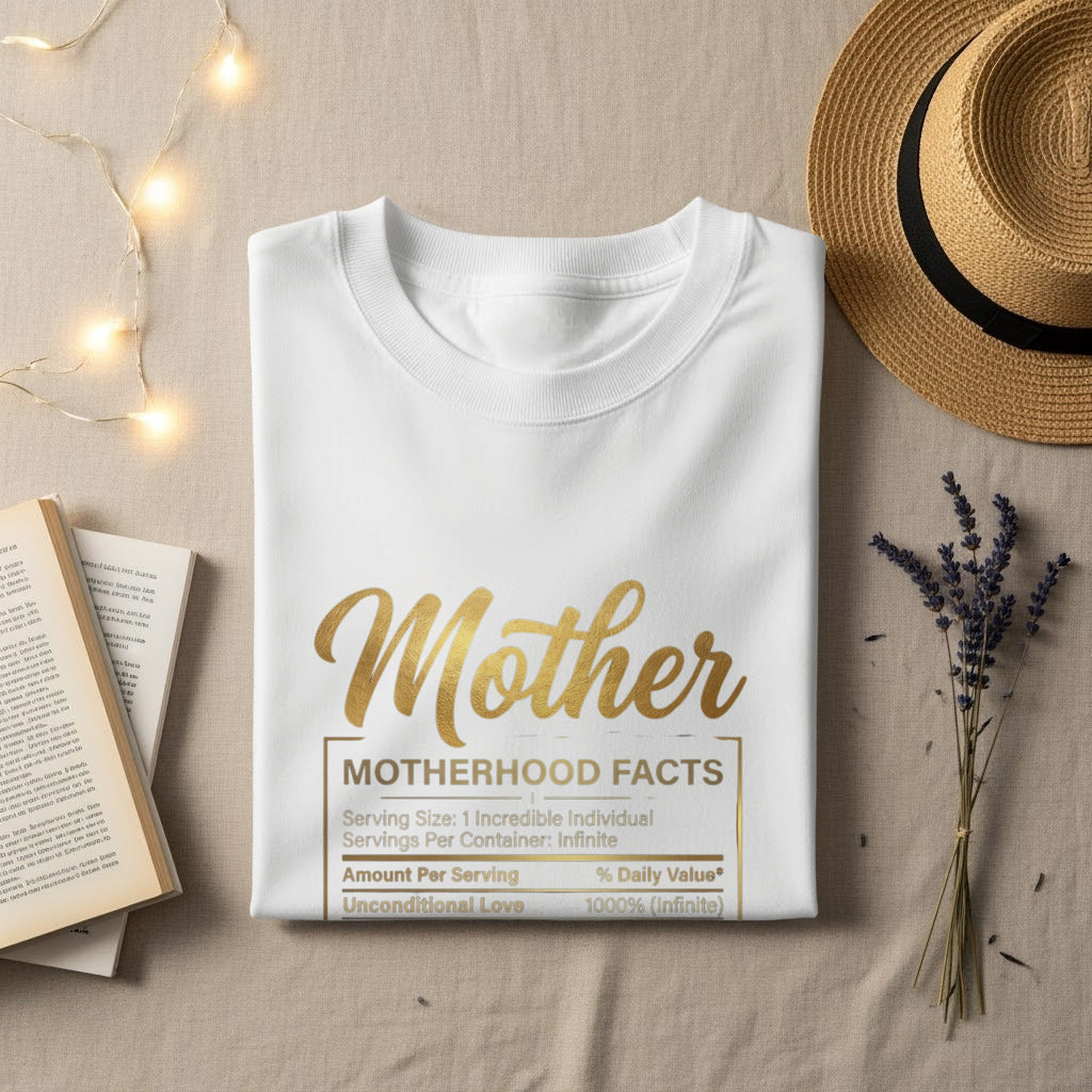 White t-shirt with "Mother" and "Motherhood Facts" label.