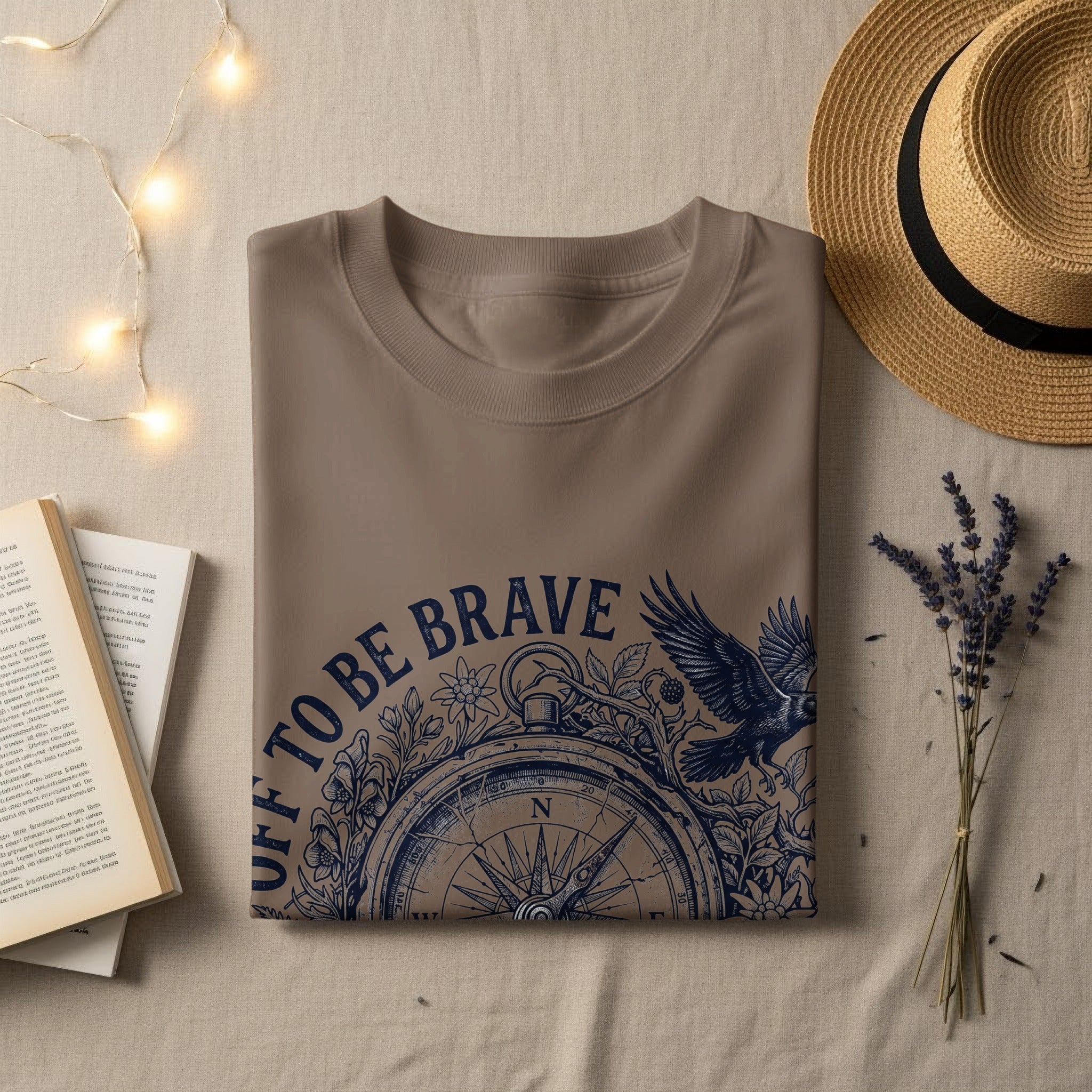 Brown t-shirt with compass and eagle graphic and "OFF TO BE BRAVE" text.