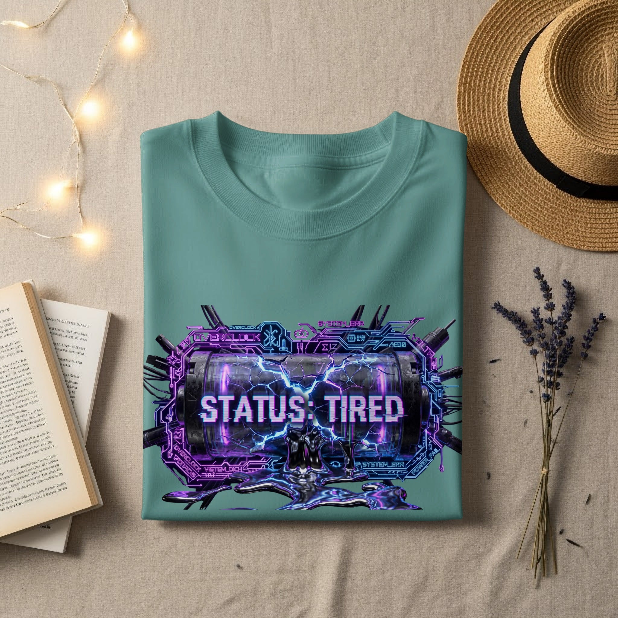Mint t-shirt with "Status: Tired" graphic featuring cyberpunk-style neon circuit board elements.