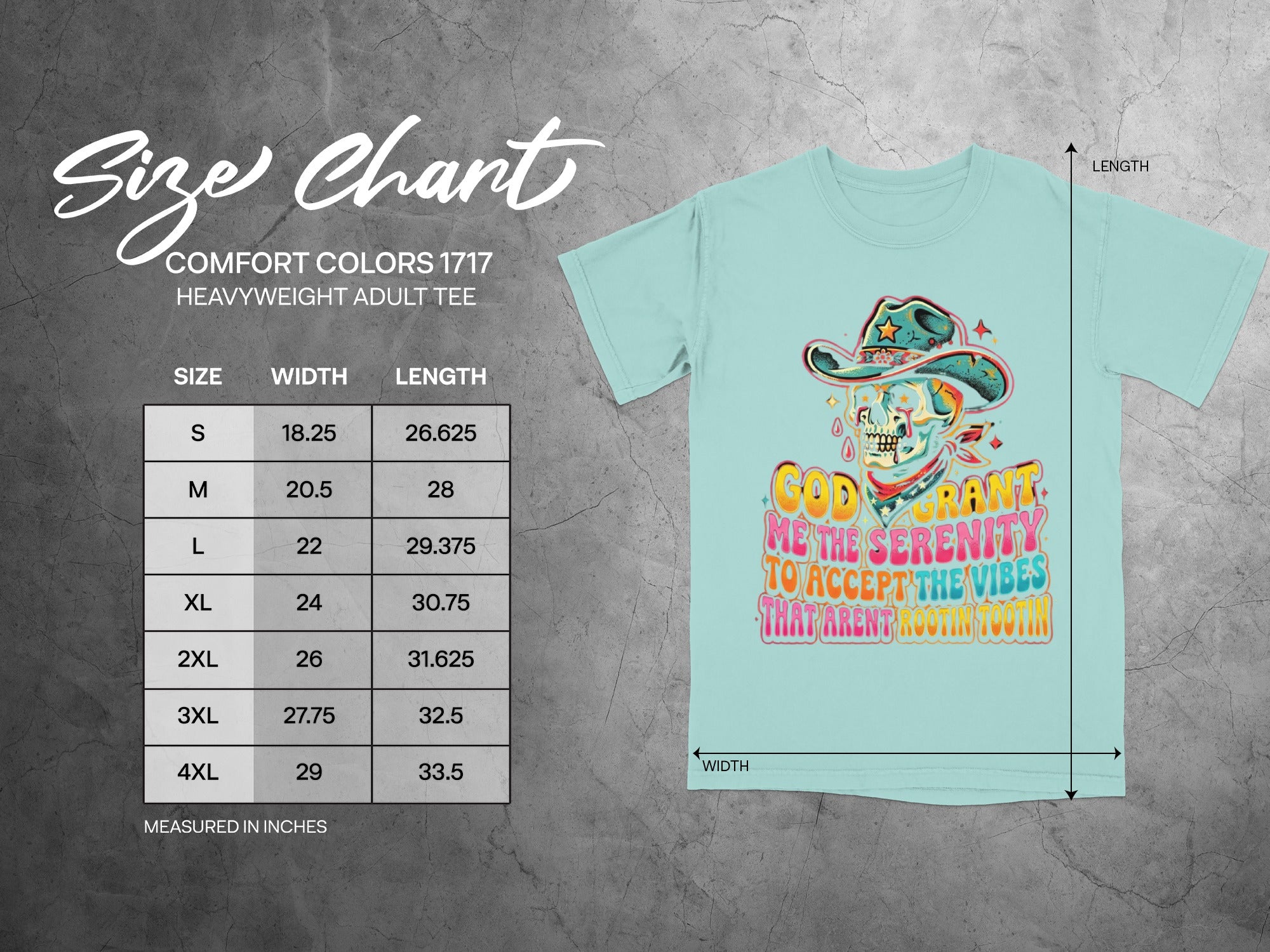 Size chart for Comfort Colors 1717 heavyweight adult tee with graphic.