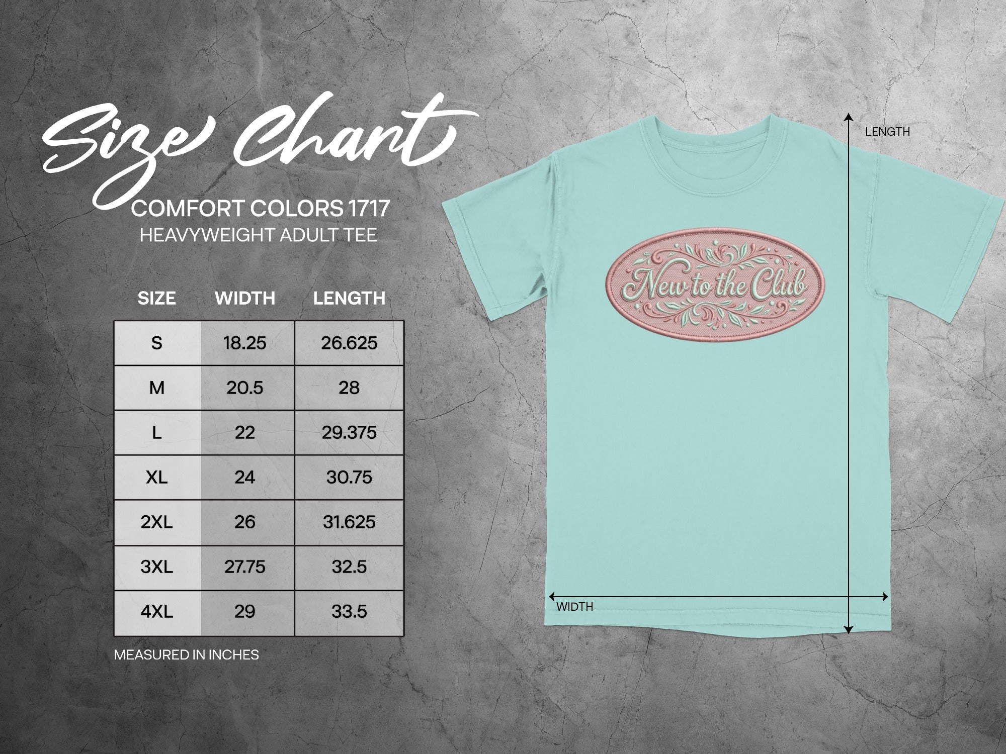 Comfort Colors 1717 heavyweight t-shirt size chart with measurements in inches.