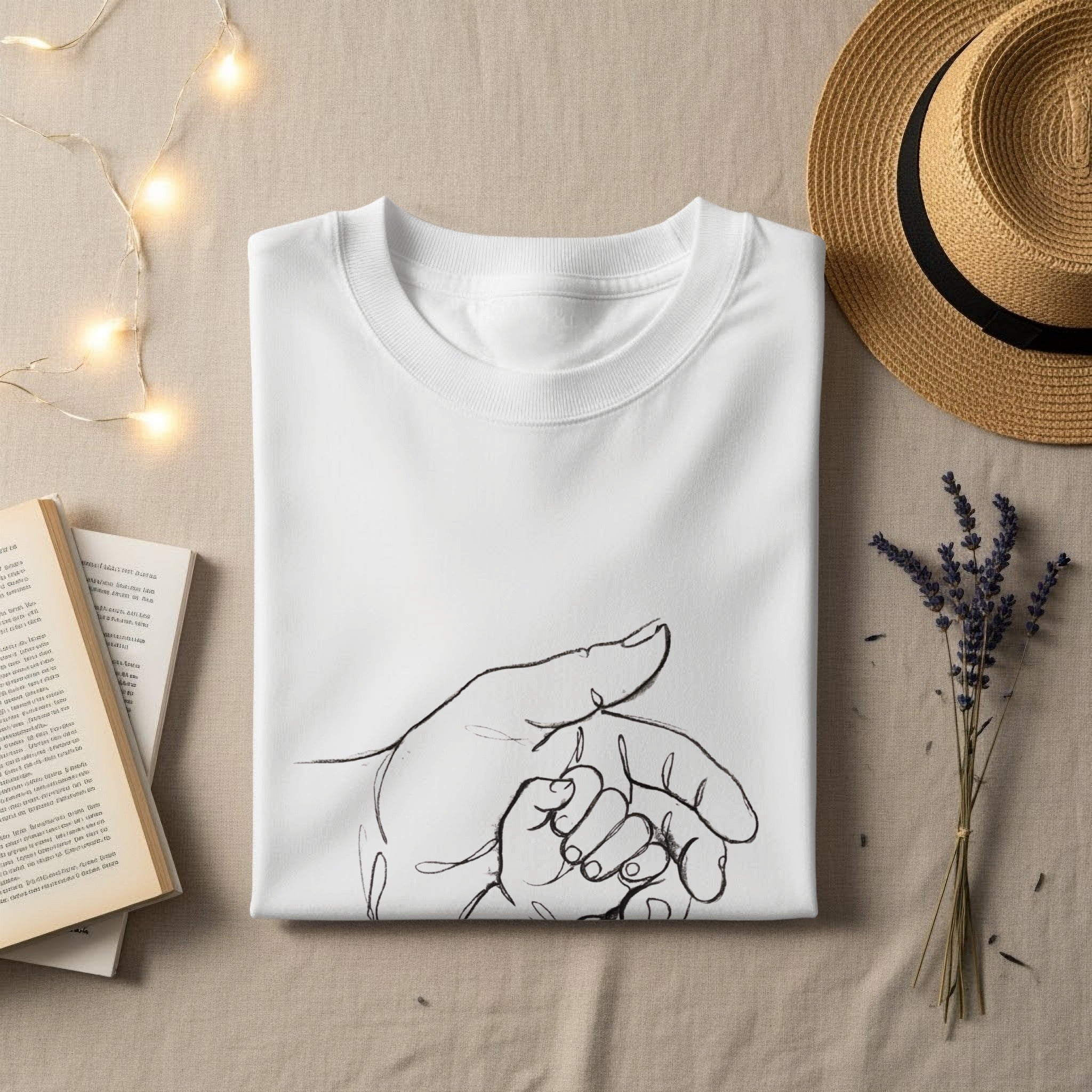 White t-shirt with simple line drawing of adult and baby hands.