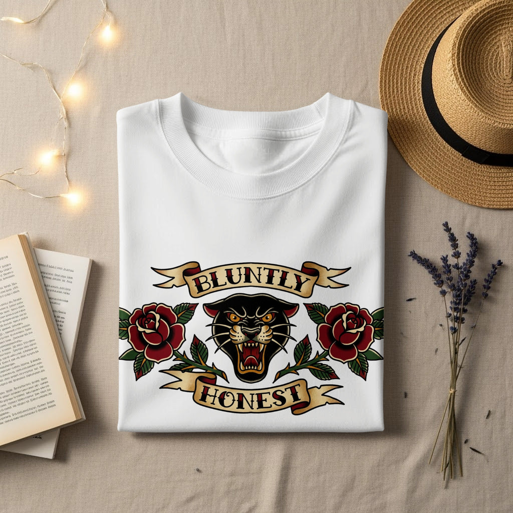 White sweatshirt with "BLUNTLY HONEST" text, panther head, and roses.