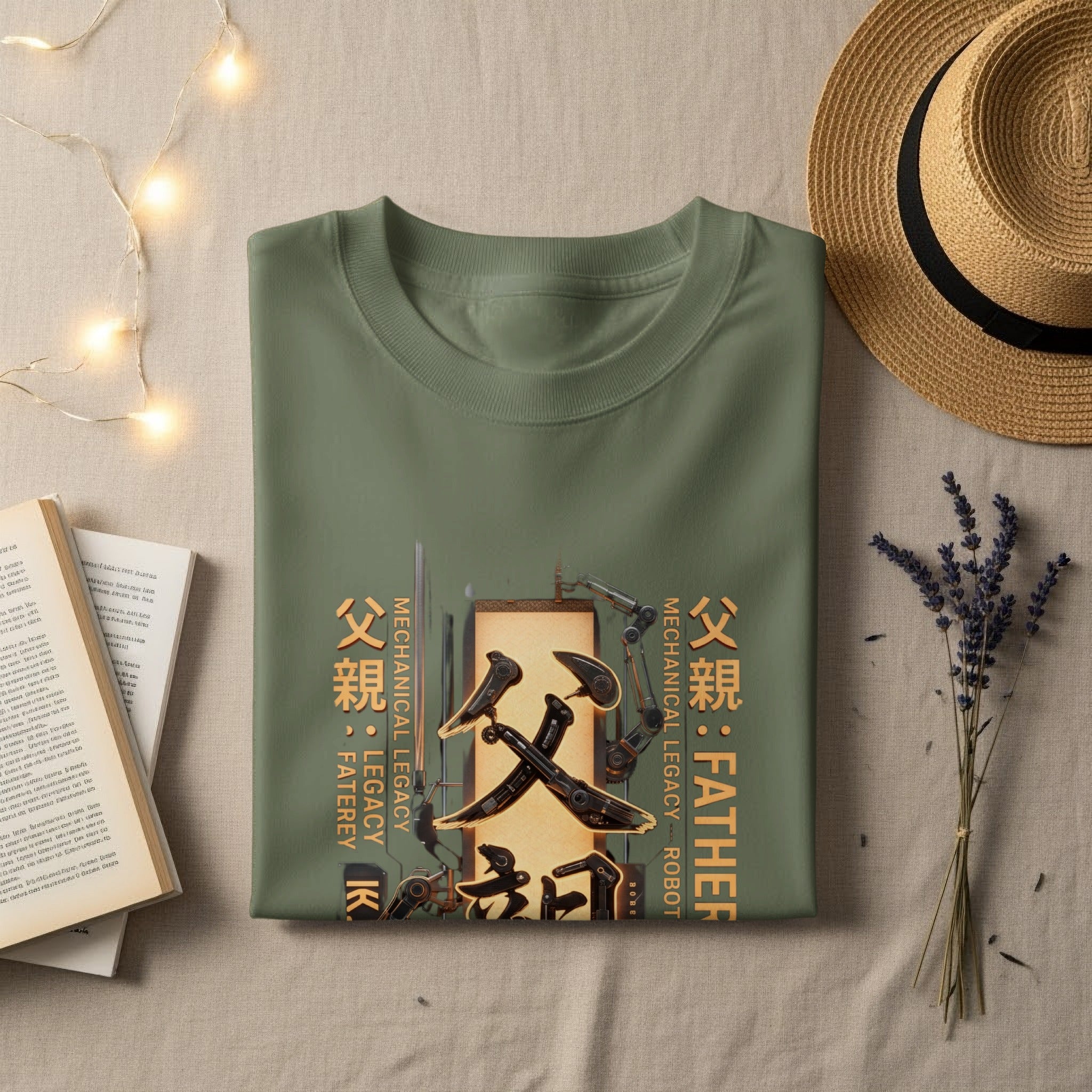 Olive green t-shirt with Japanese characters, "Father", and "Mechanical Legacy Robot" text.
