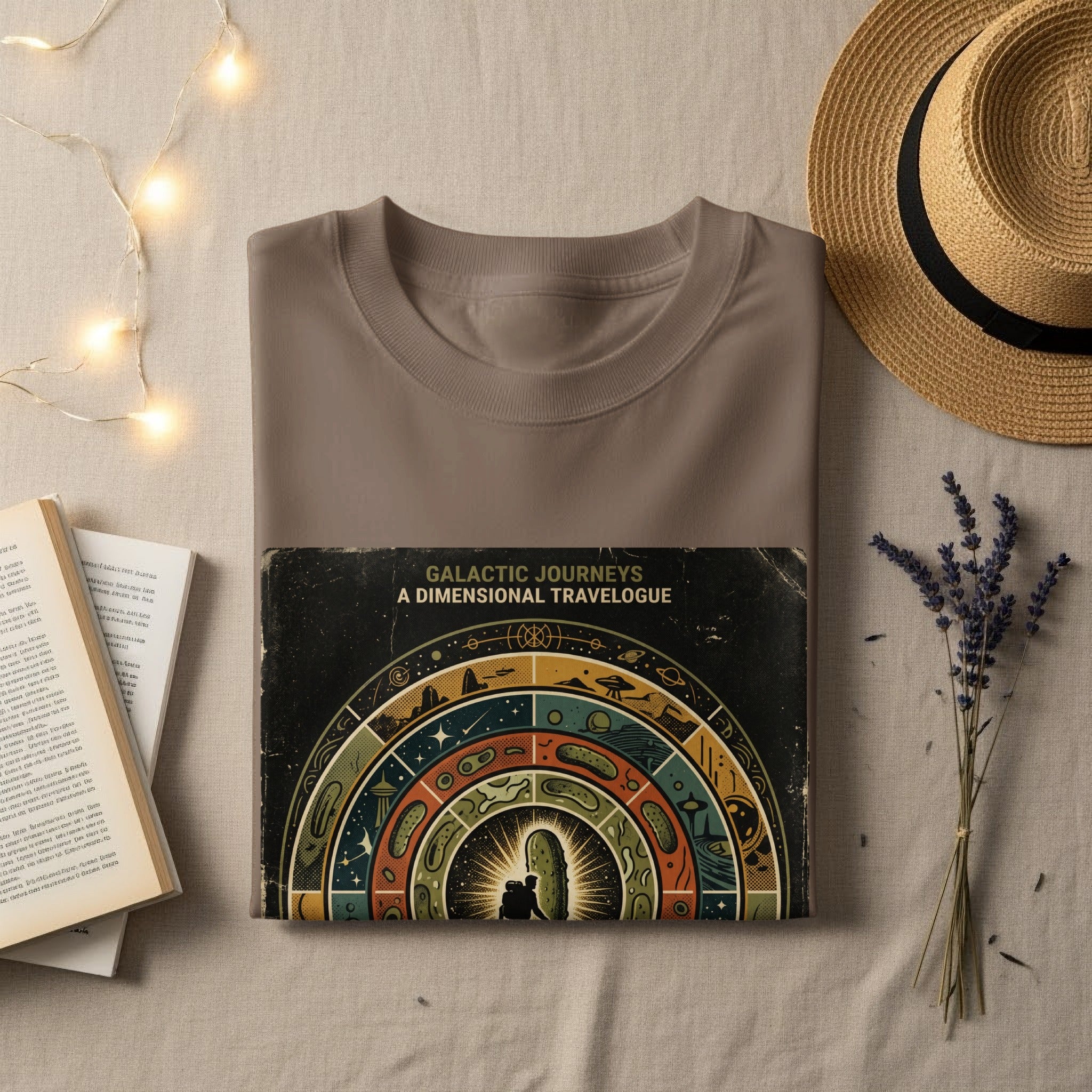 Book titled Galactic Journeys: A Dimensional Travelogue resting on a tan t-shirt.