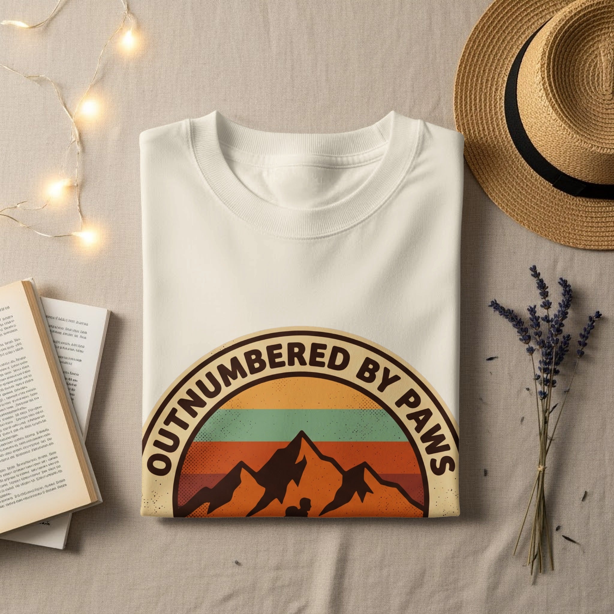 Cream t-shirt with "OUTNUMBERED BY PAWS" and mountain graphic.