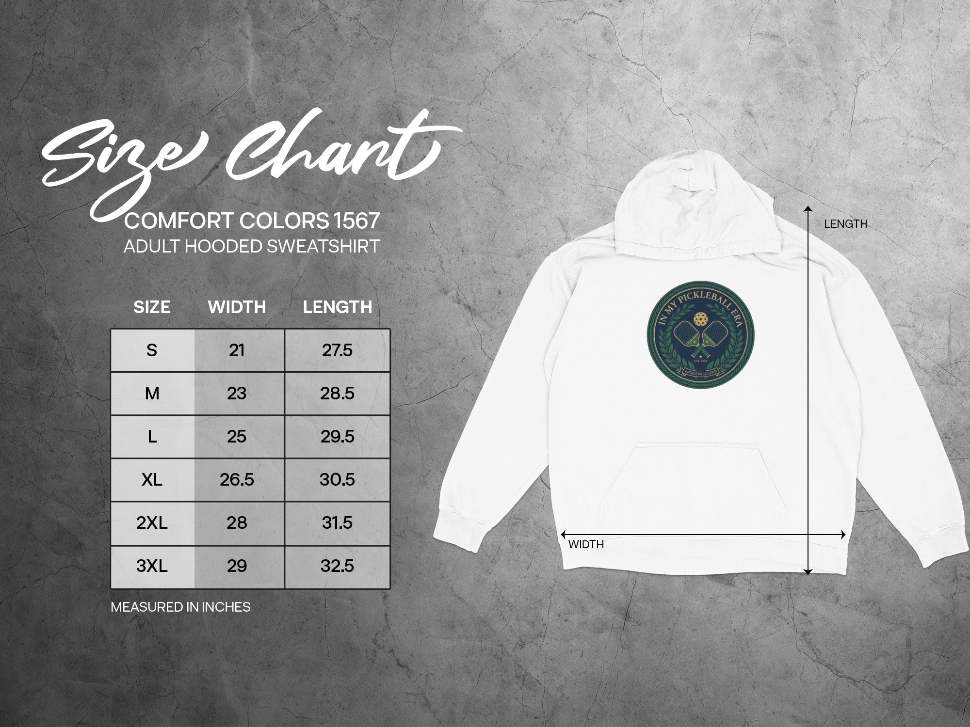Comfort Colors 1567 adult hooded sweatshirt size chart with width and length measurements.