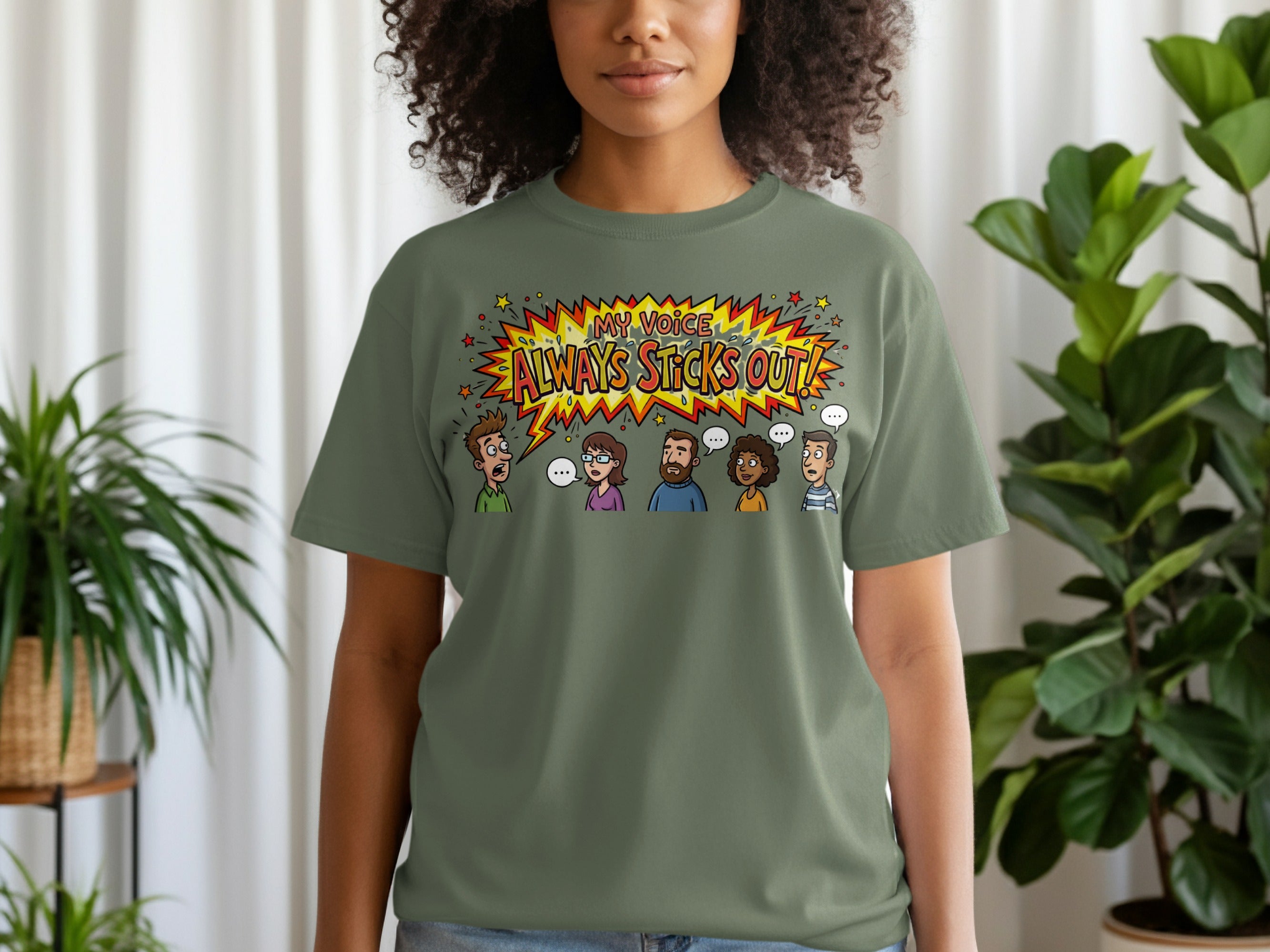 T-shirt with cartoon characters and "MY VOICE ALWAYS STICKS OUT!" text.