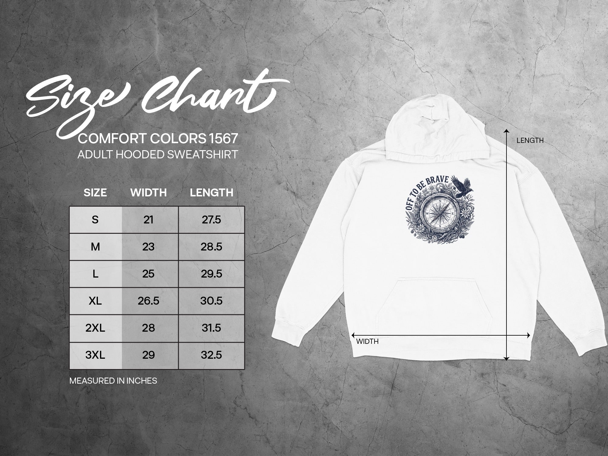 Size chart for Comfort Colors adult hooded sweatshirt, with dimensions in inches.