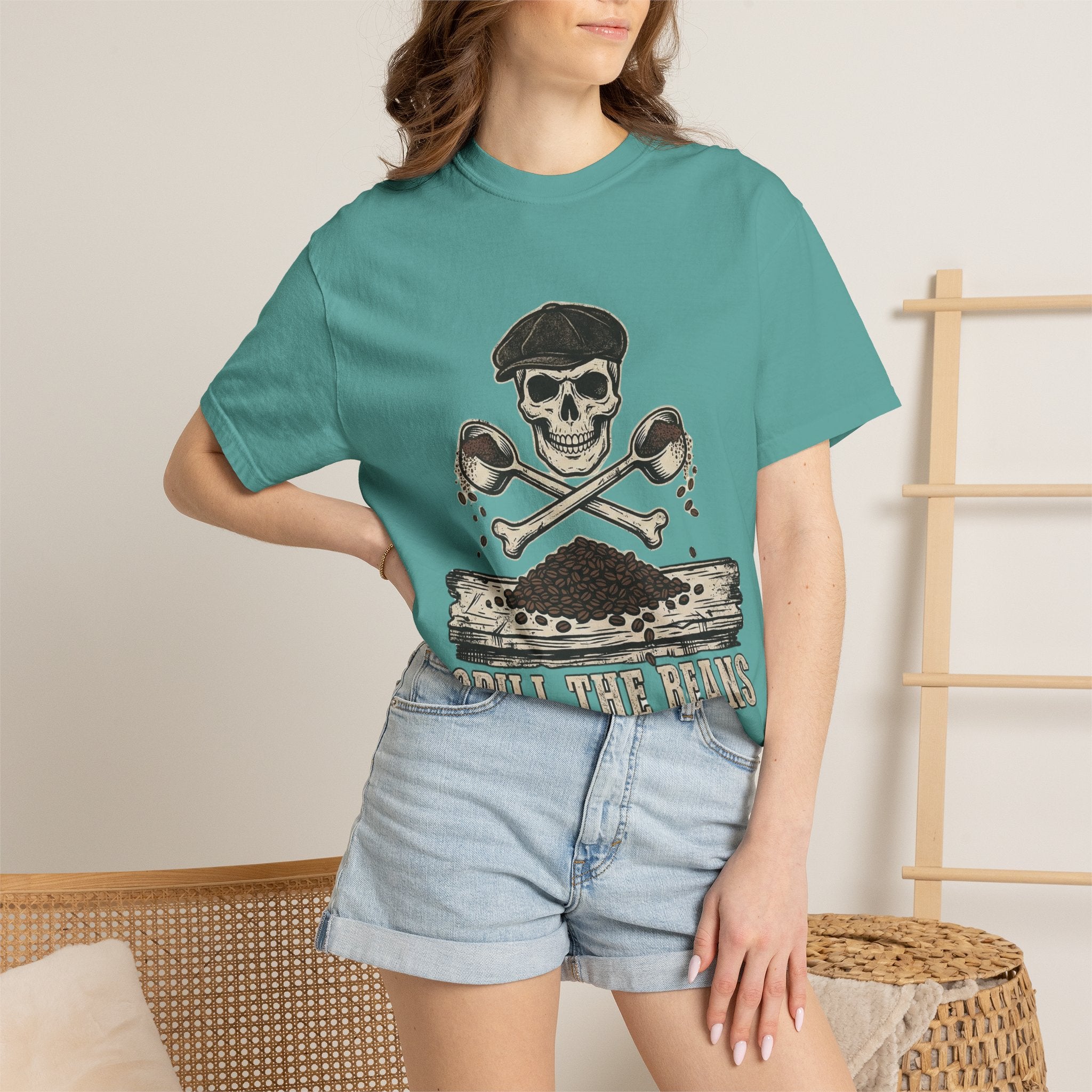 Skull & Spoons Coffee T-Shirt — "Spill the Beans" Vintage Café Tee
