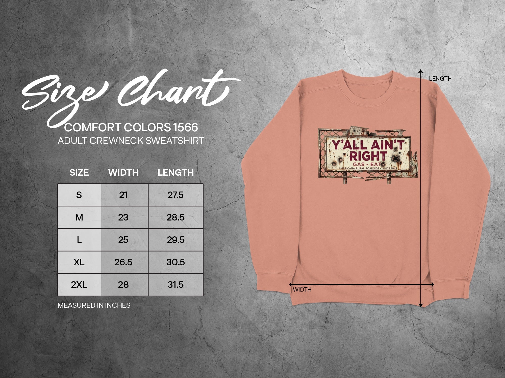 Comfort Colors 1566 sweatshirt size chart with dimensions.