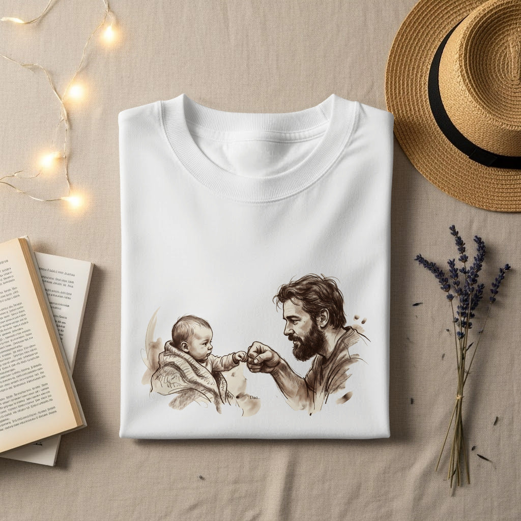 T-shirt with watercolor drawing of a man and baby fist-bumping.