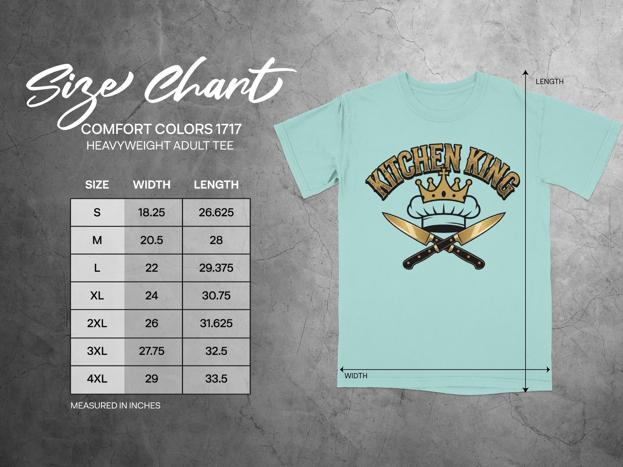 Size chart for Comfort Colors 1717 heavyweight adult tee with Kitchen King logo.