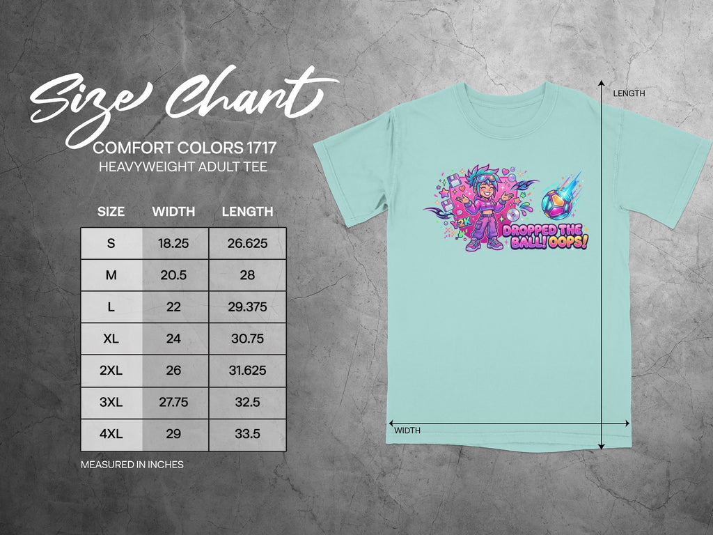 Comfort Colors 1717 heavyweight adult tee size chart with a graphic of a cartoon character kicking a soccer ball.