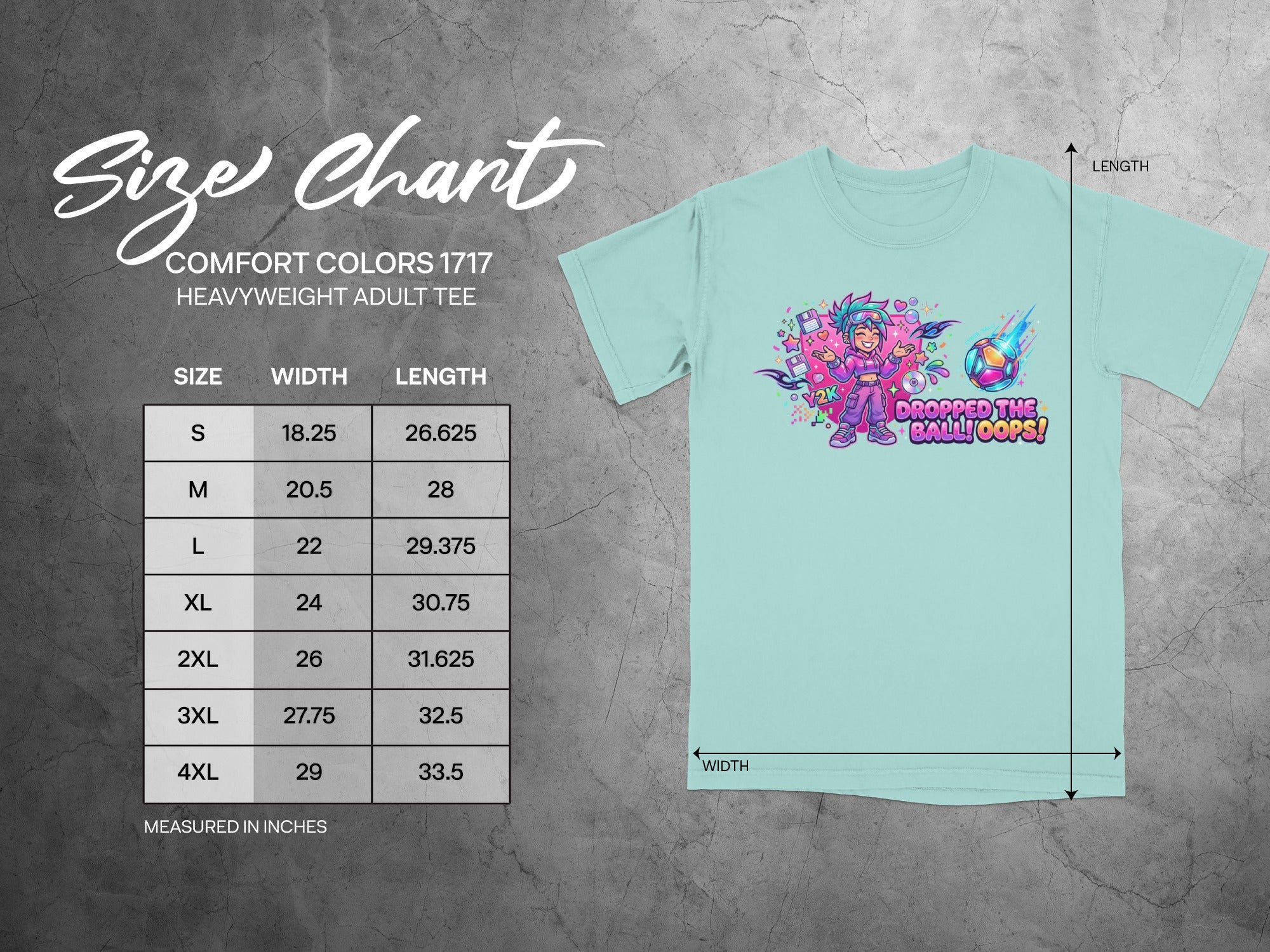 Comfort Colors 1717 heavyweight adult tee size chart with a graphic of a cartoon character kicking a soccer ball.