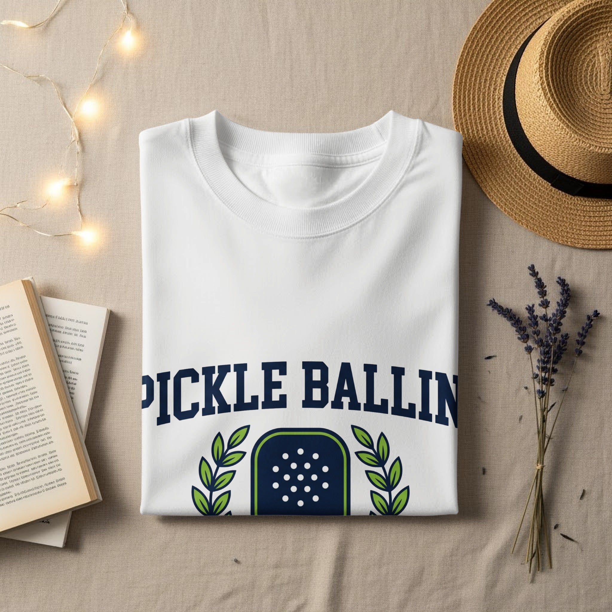 White t-shirt with "PICKLE BALLIN" text and pickleball paddle graphic.