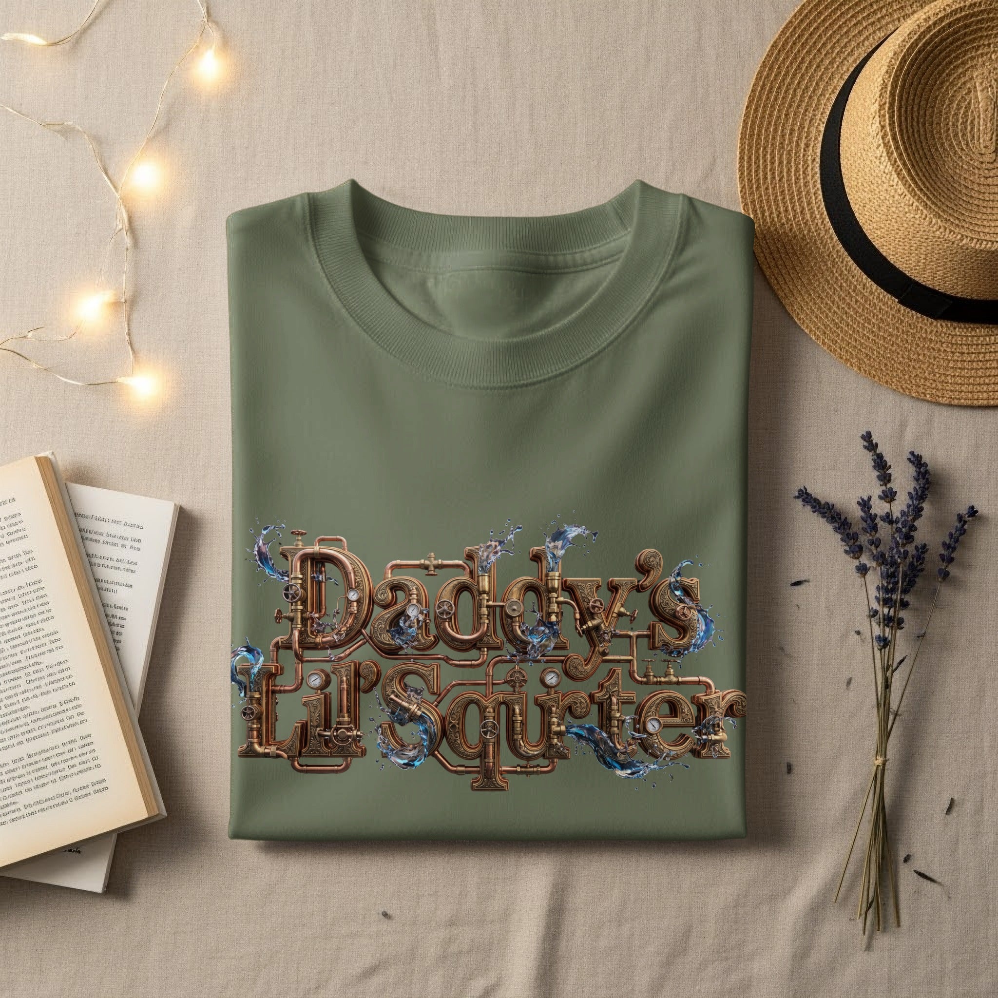 Green t-shirt with "Daddy's Lil Squirter" text in a bubbly, metallic font.