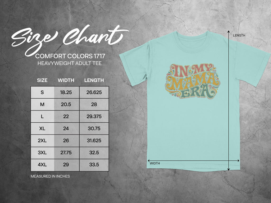 Comfort Colors 1717 size chart for heavyweight adult tee, with width and length measurements.