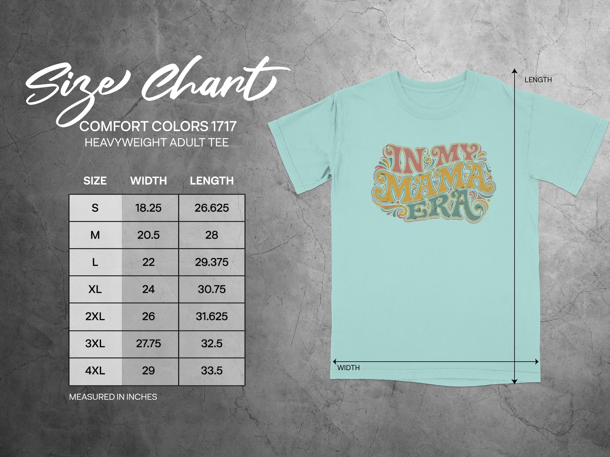 Comfort Colors 1717 size chart for heavyweight adult tee, with width and length measurements.