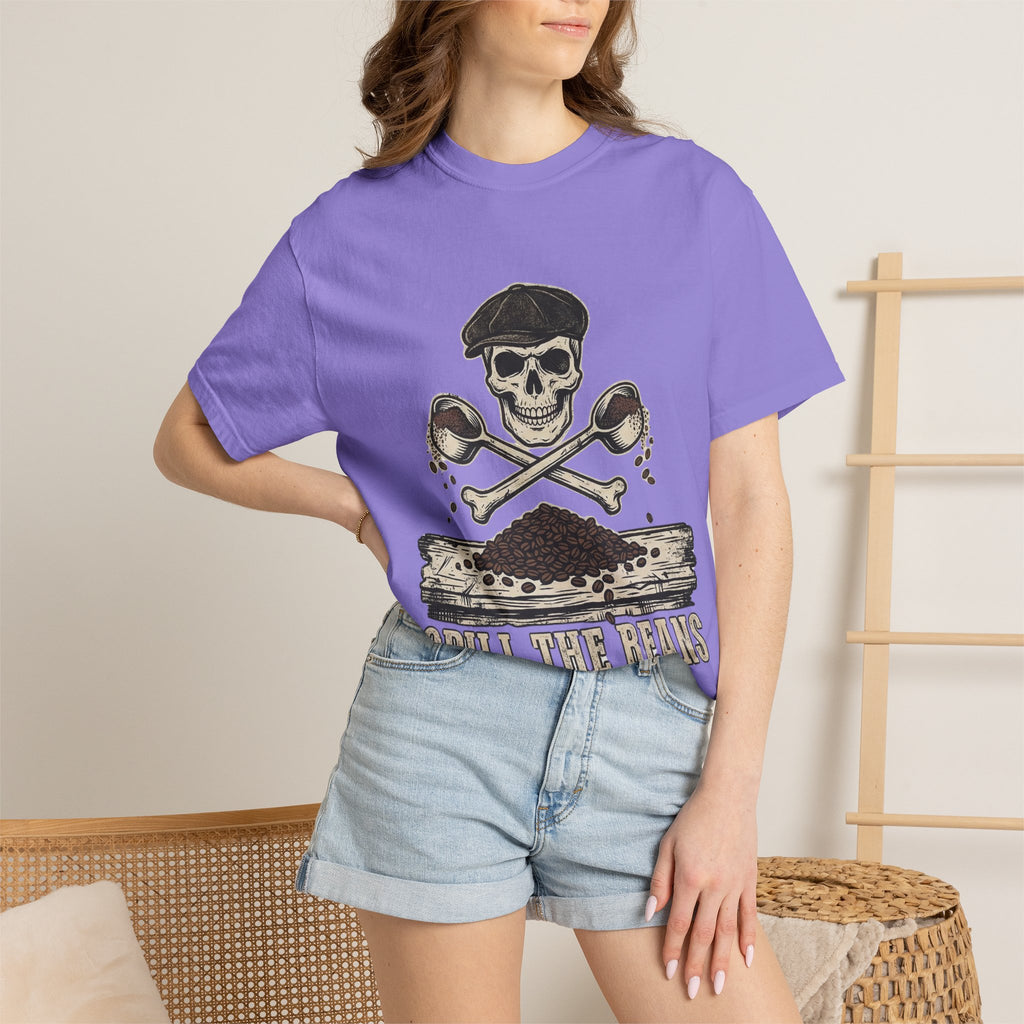 Skull & Spoons Coffee T-Shirt — "Spill the Beans" Vintage Café Tee