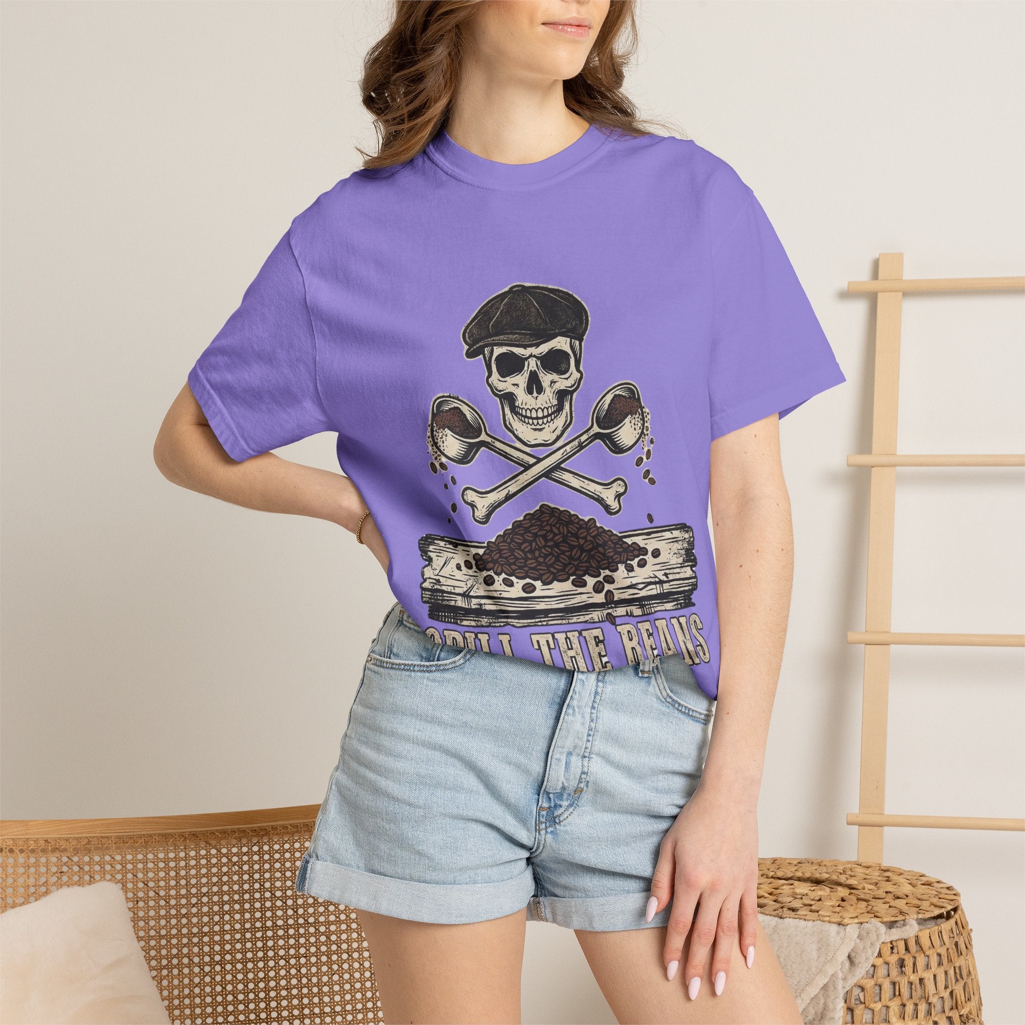 Skull & Spoons Coffee T-Shirt — "Spill the Beans" Vintage Café Tee