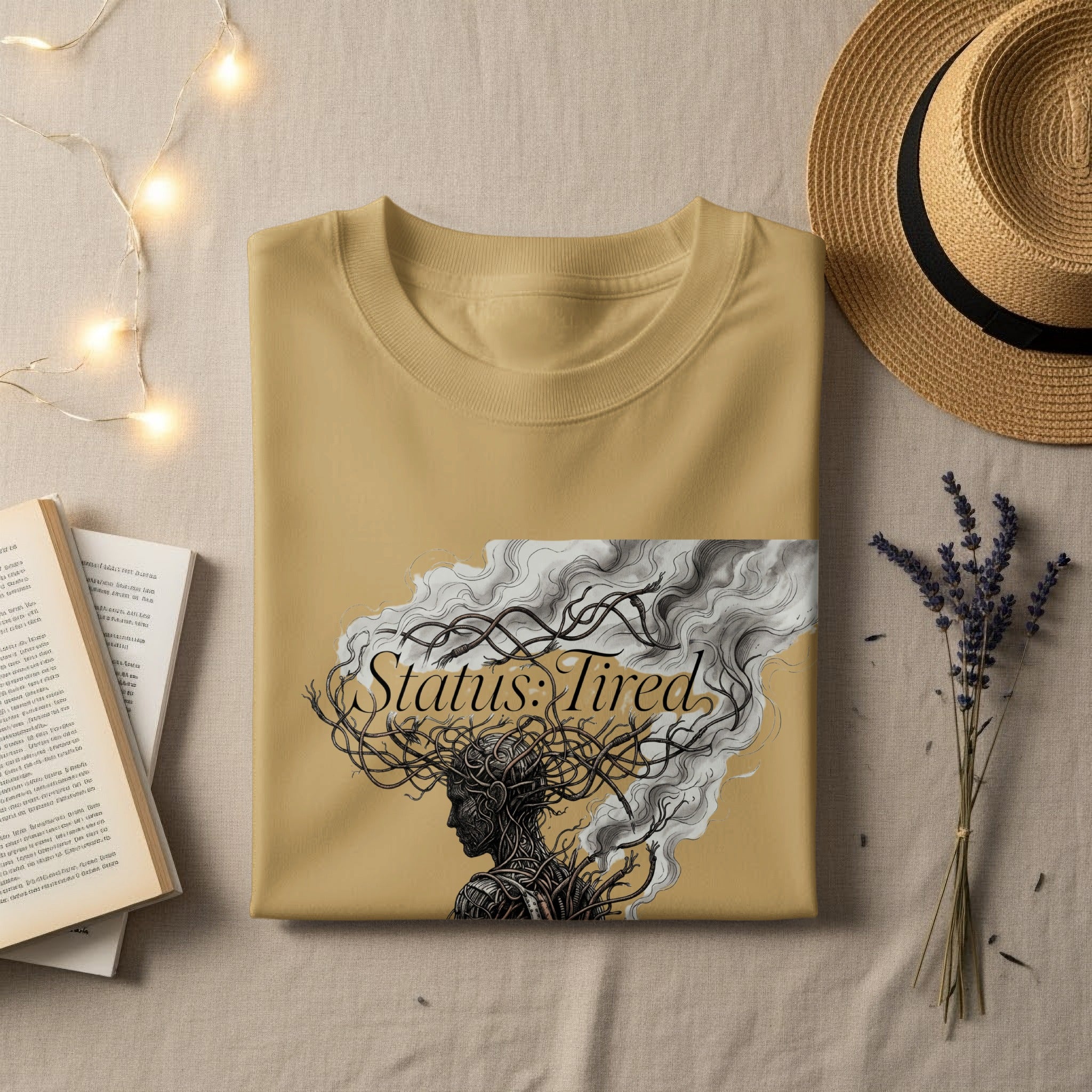 Yellow t-shirt with "Status: Tired" graphic featuring a woman's profile with tangled hair.