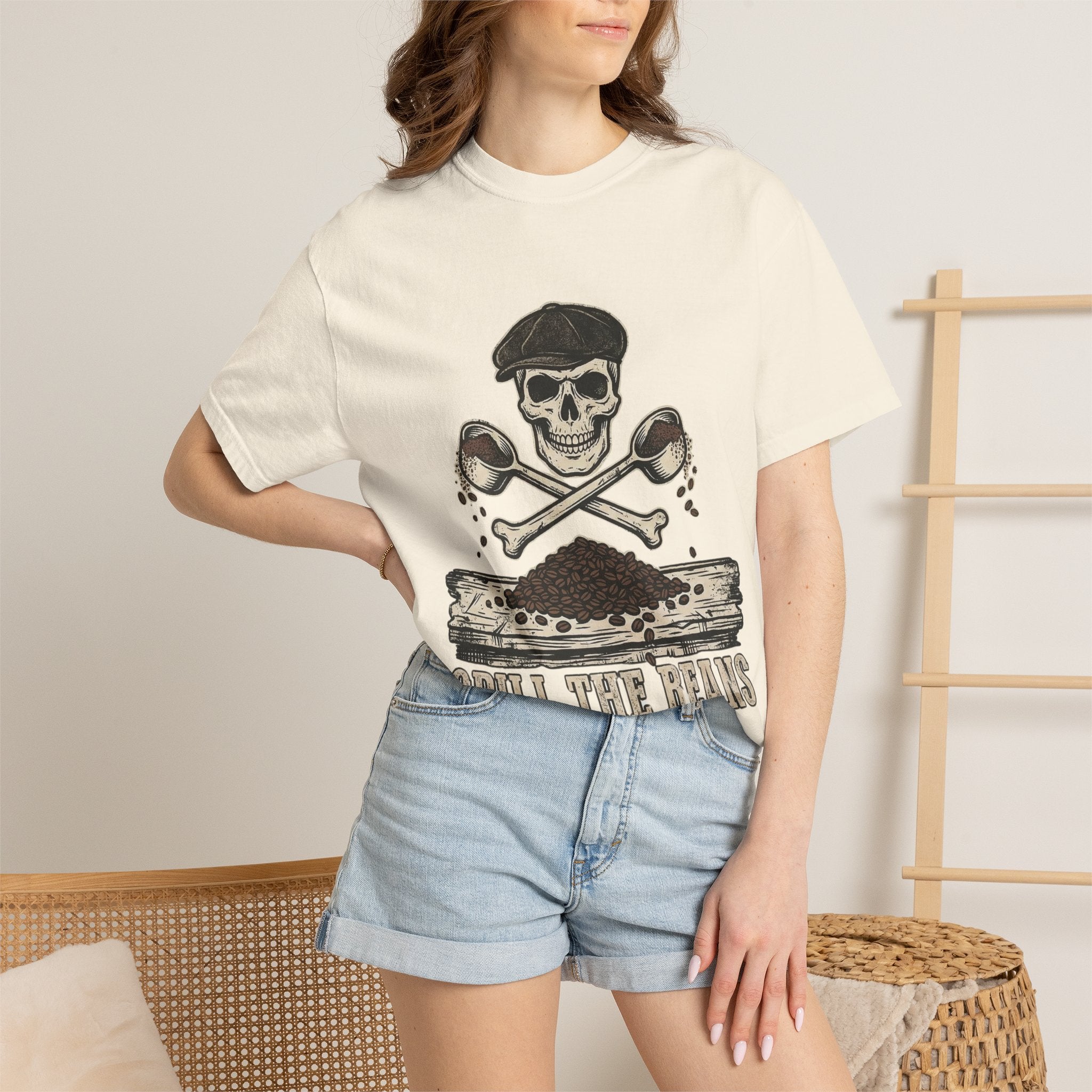Skull & Spoons Coffee T-Shirt — "Spill the Beans" Vintage Café Tee