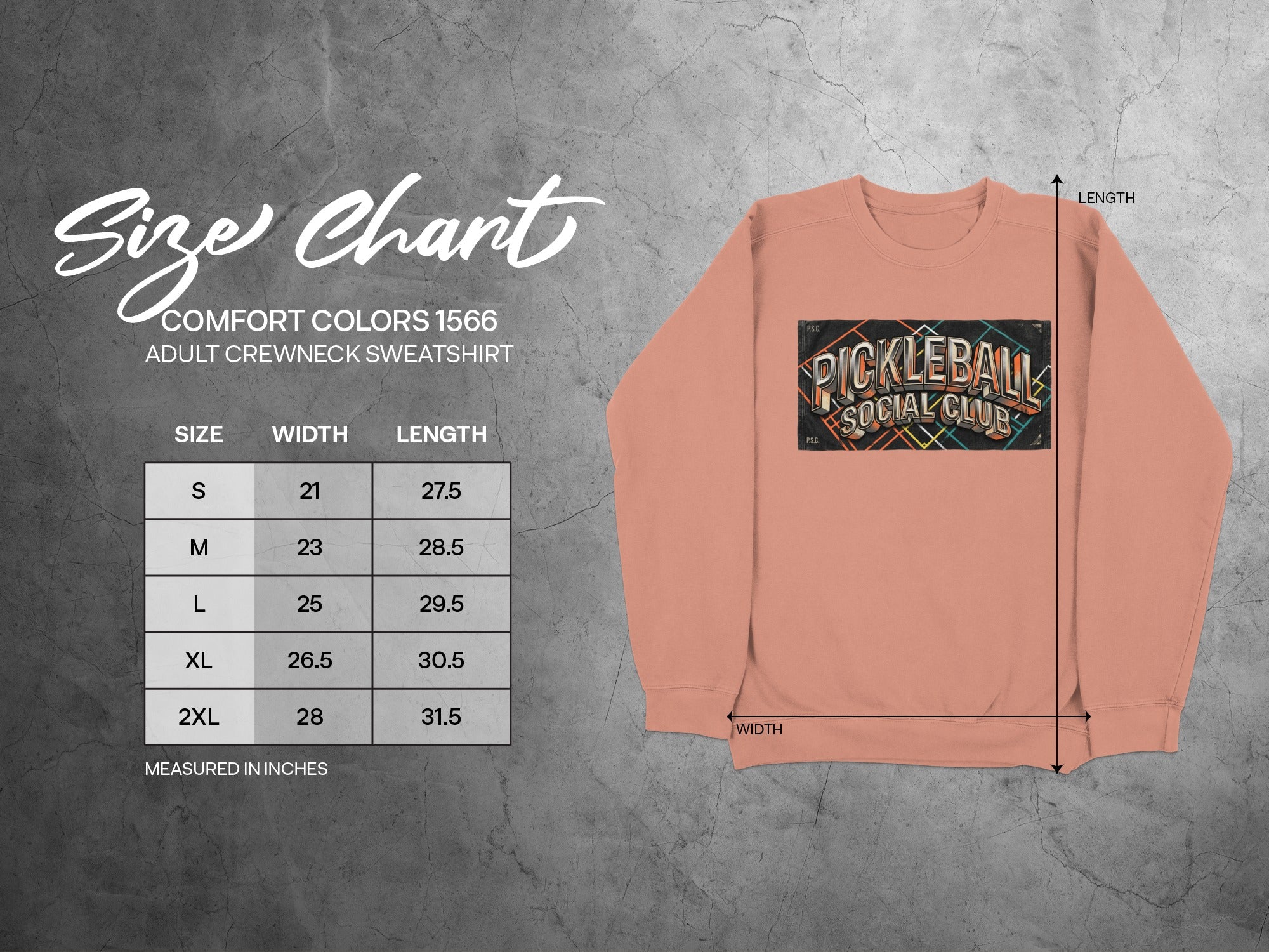 Comfort Colors 1566 adult crewneck sweatshirt size chart with measurements.