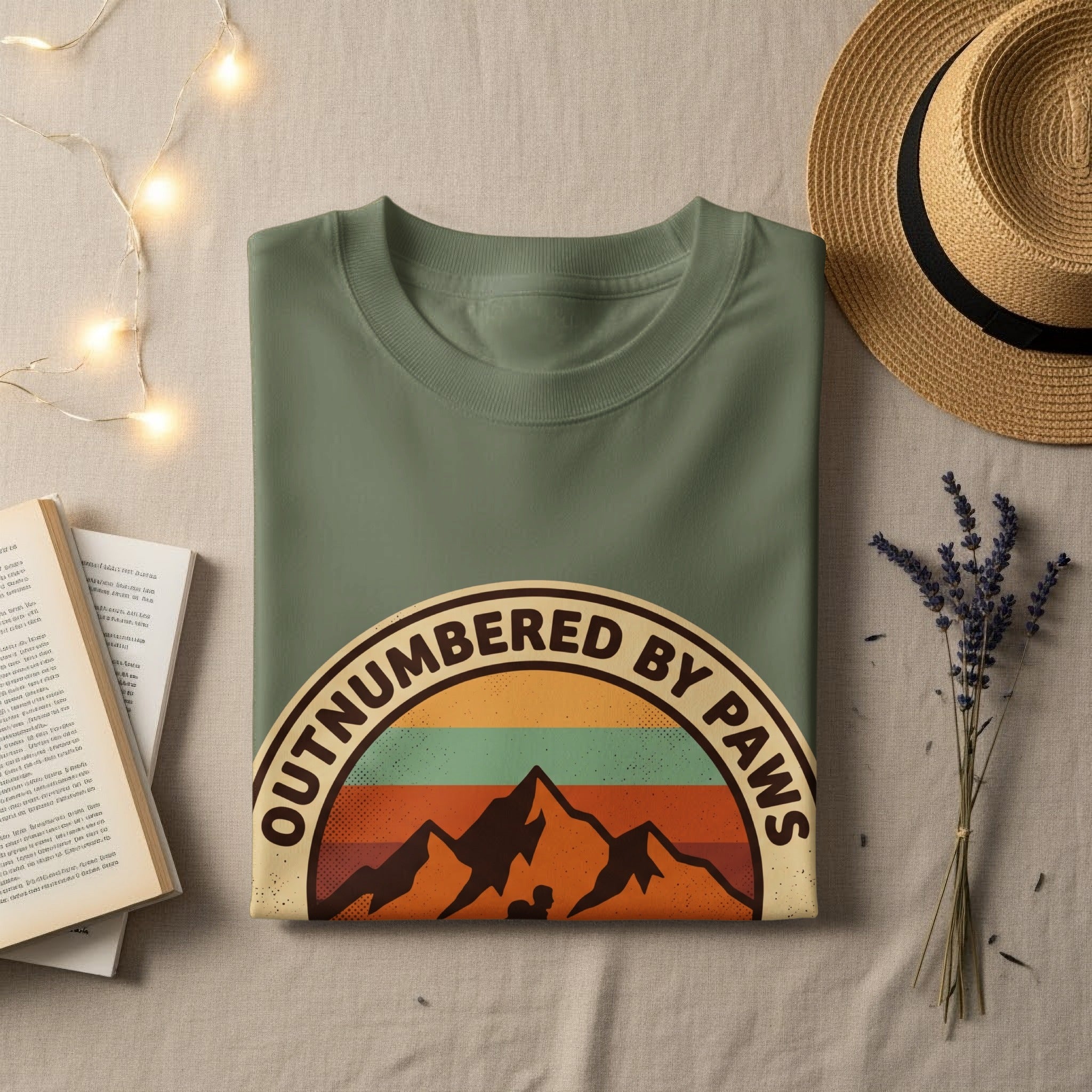 Olive green t-shirt with "Outnumbered by Paws" mountain sunset graphic.